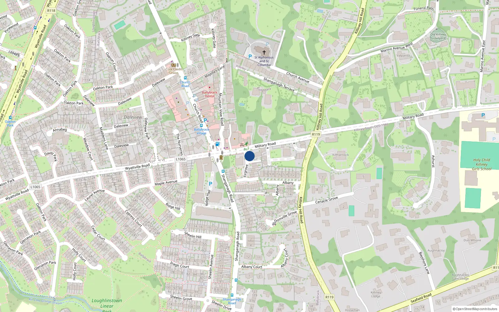 Overhead map showing the location of 6 Firgrove, Military Road, Ballybrack