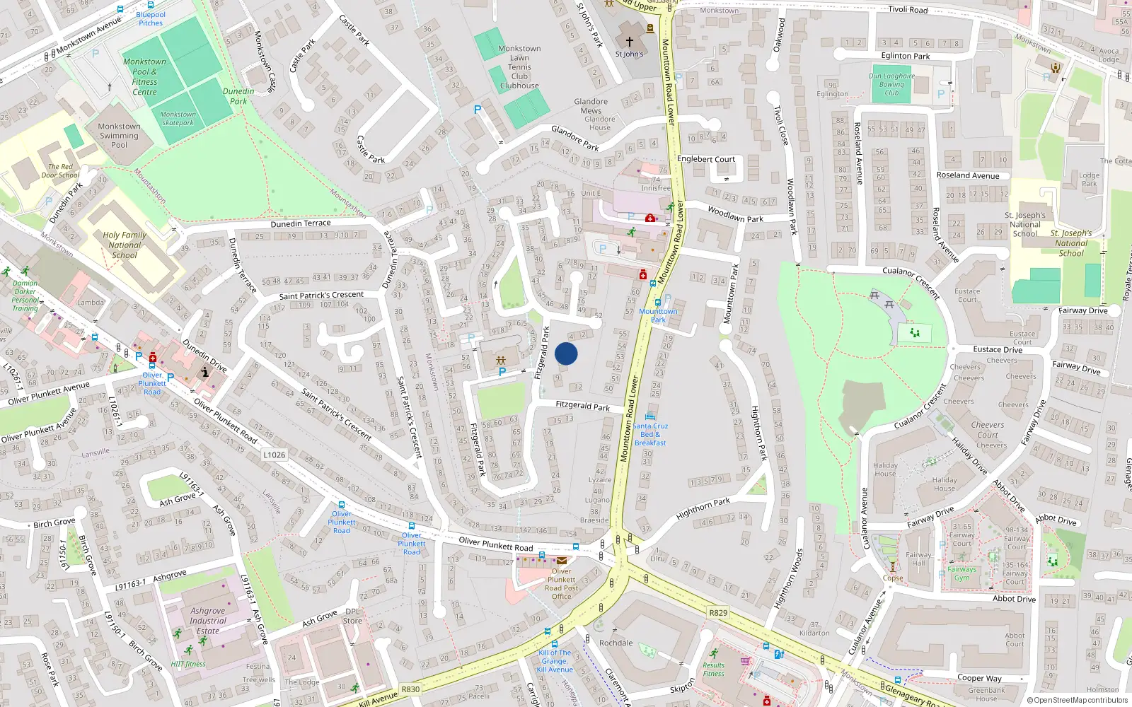 Overhead map showing the location of 6 Fitzgerald Park, Mounttown, Dun Laoghaire