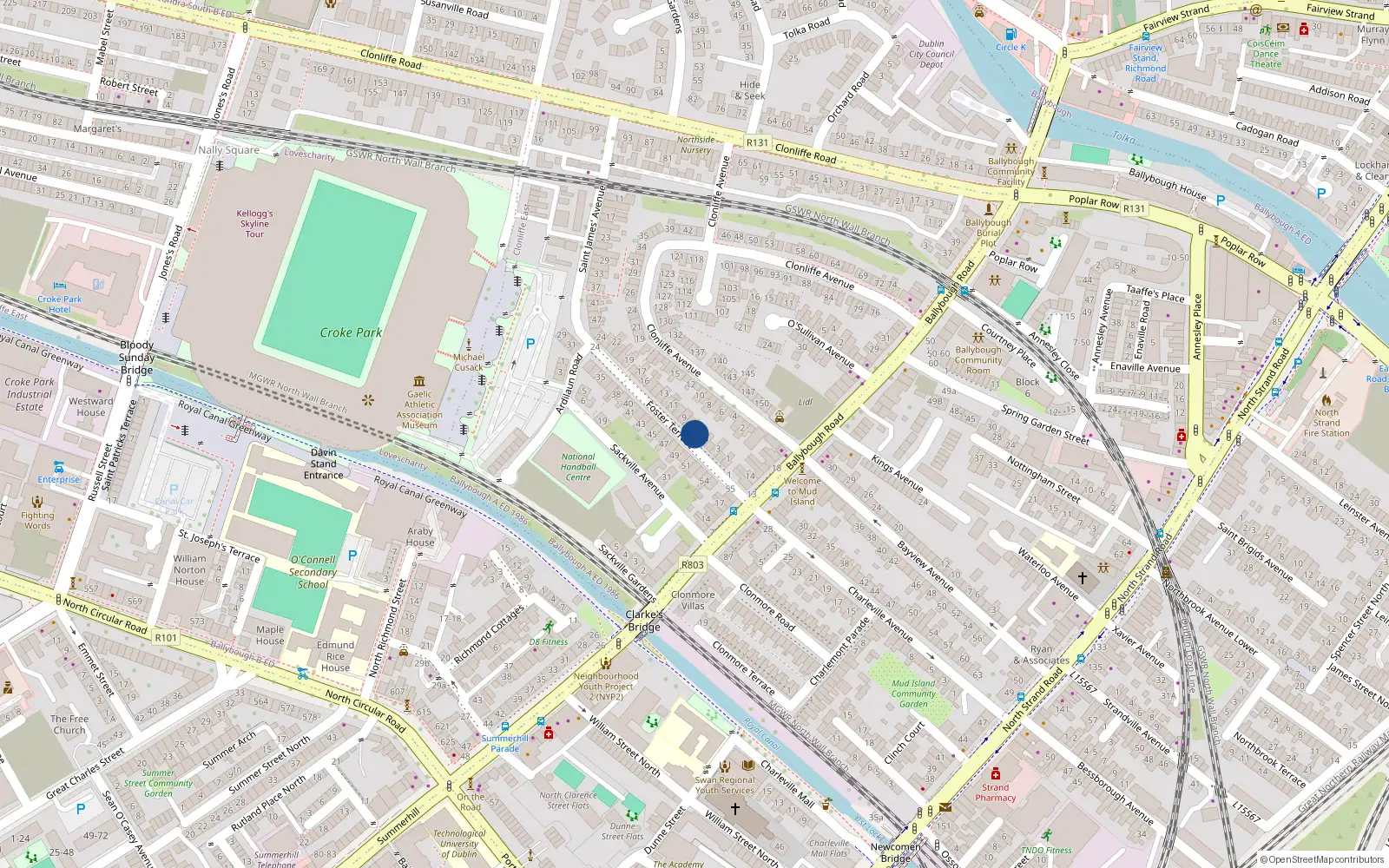 Overhead map showing the location of 6 Foster Terrace, Ballybough, Dublin 3