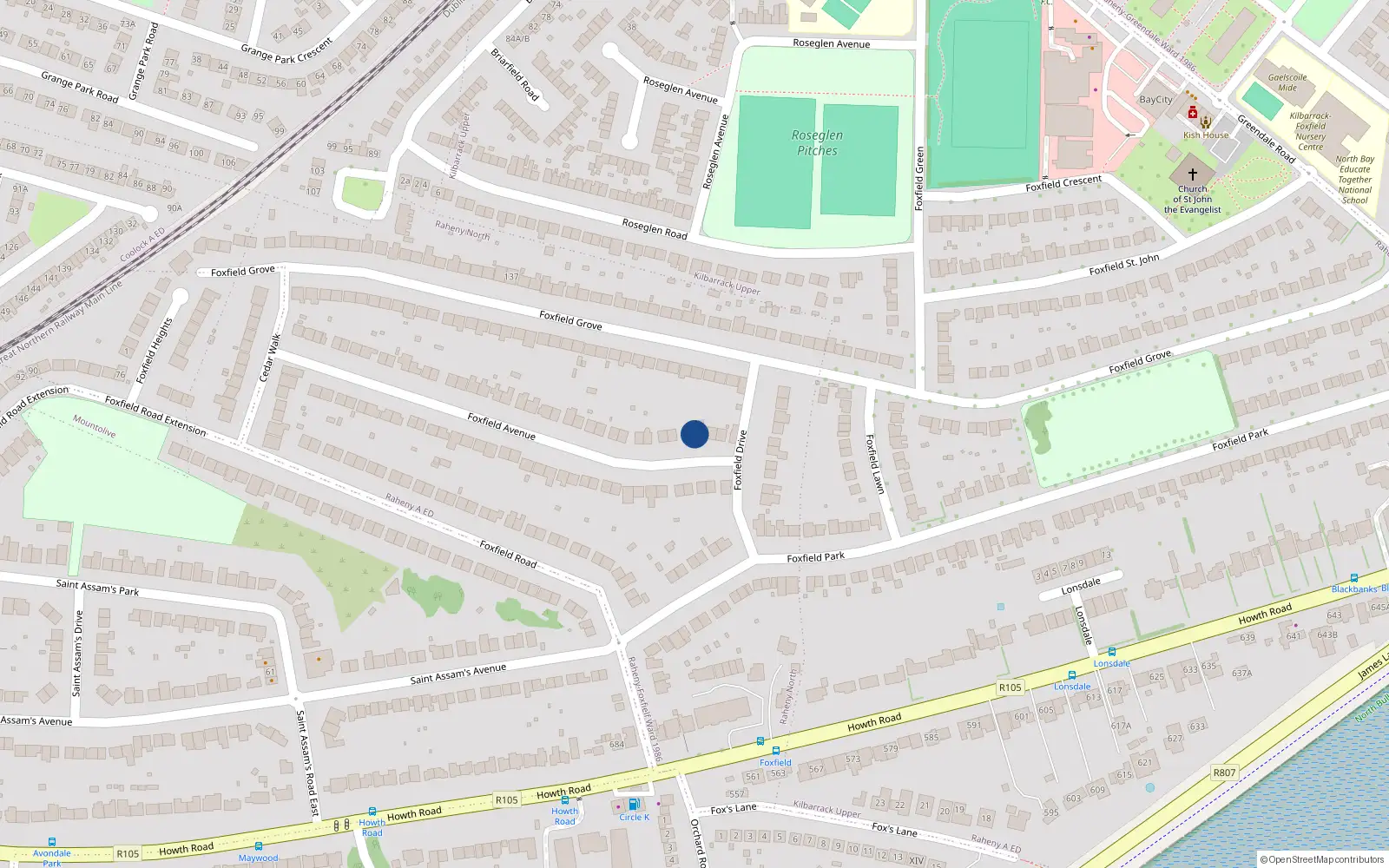 Overhead map showing the location of 6 Foxfield Avenue, Dublin 5