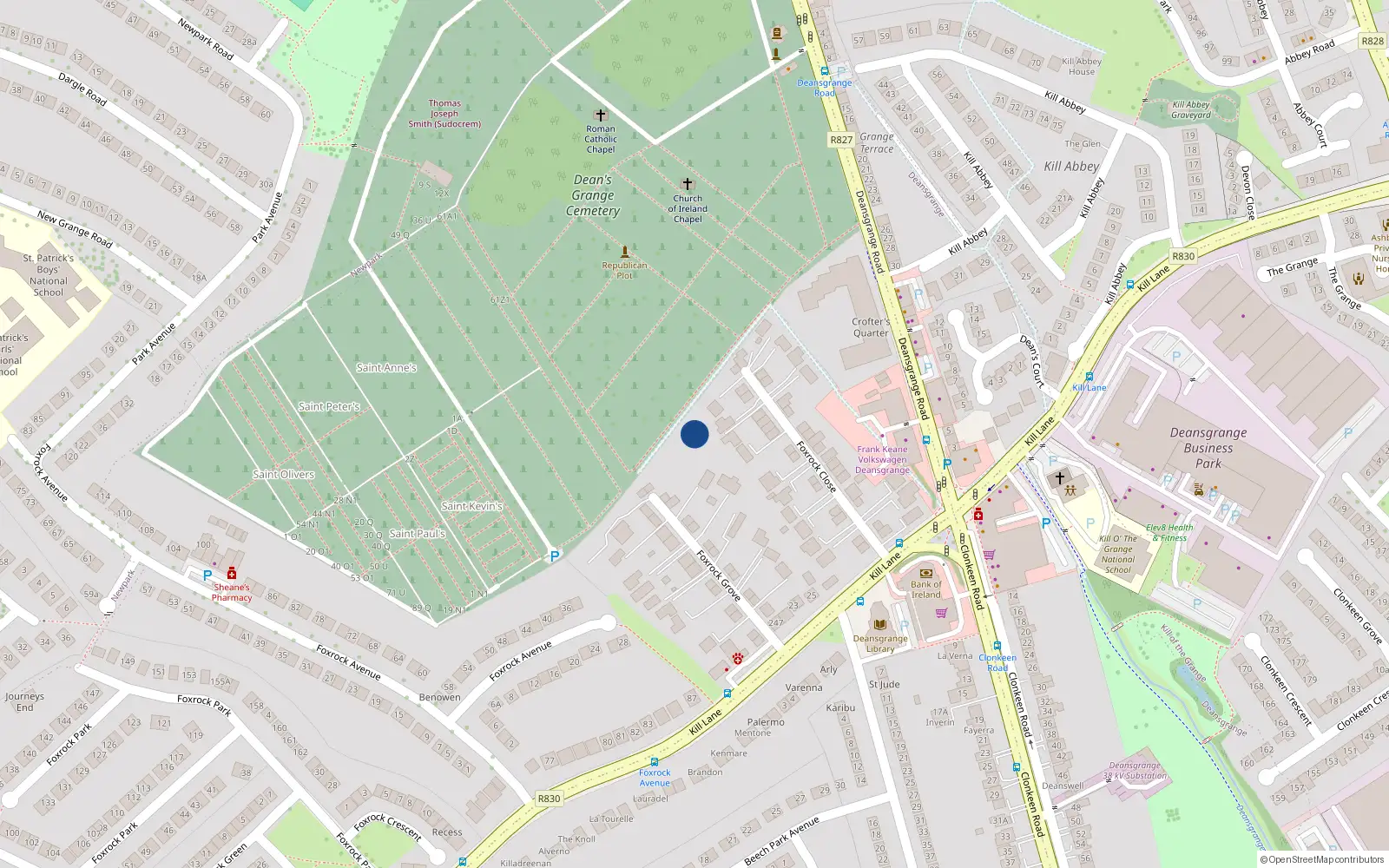 Overhead map showing the location of 6 Foxrock Grove, Dublin 18