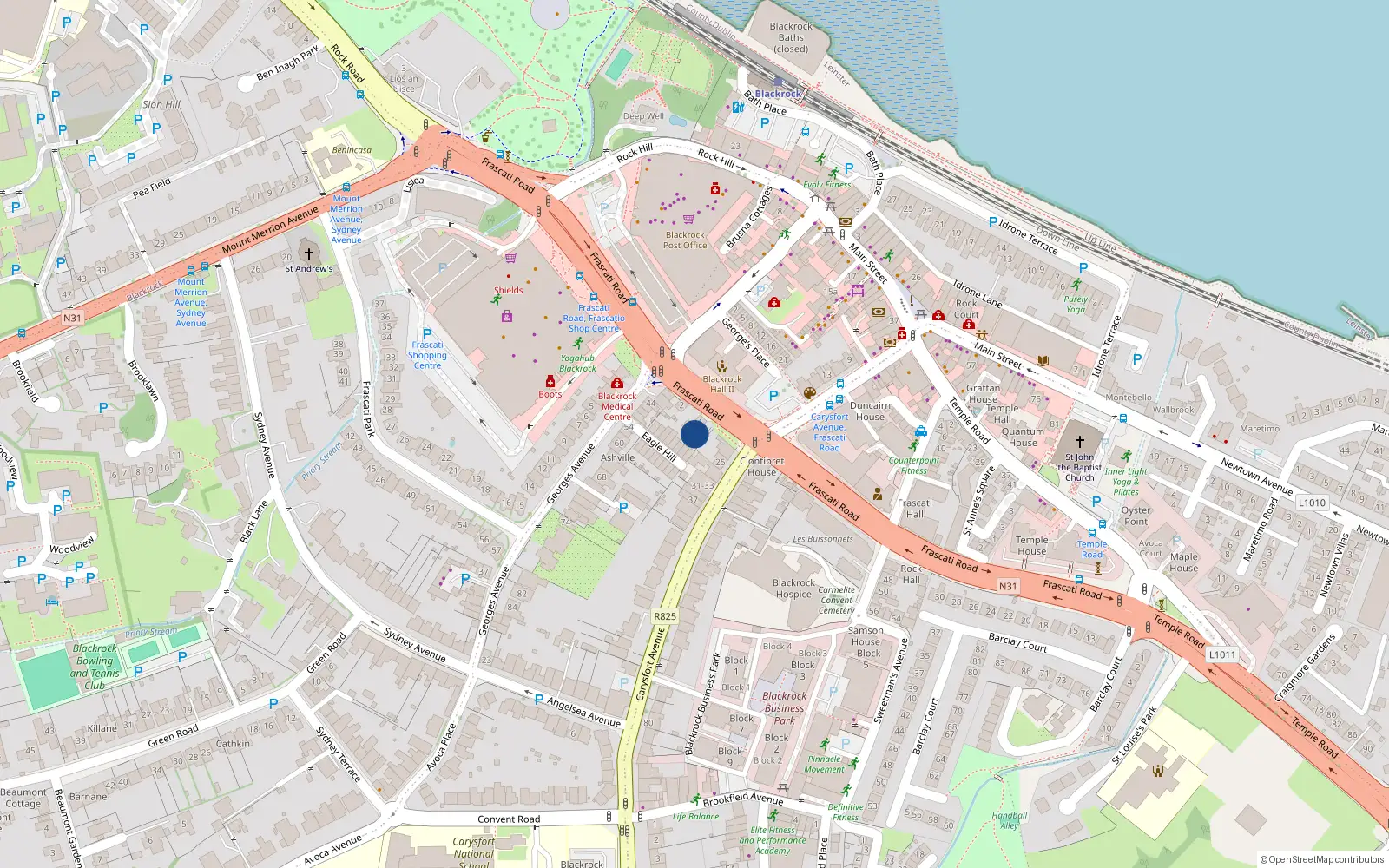 Overhead map showing the location of 6 Frascati Road, Blackrock