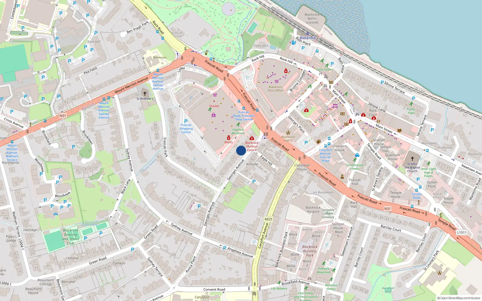 Overhead map showing the location of 6 Frascati Park, Blackrock, Dublin