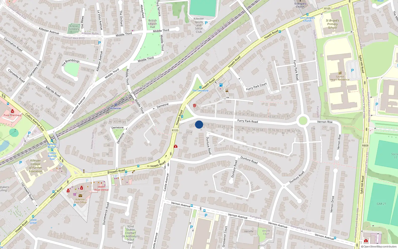 Overhead map showing the location of 6 Furry Park Road, Killester, Dublin 5