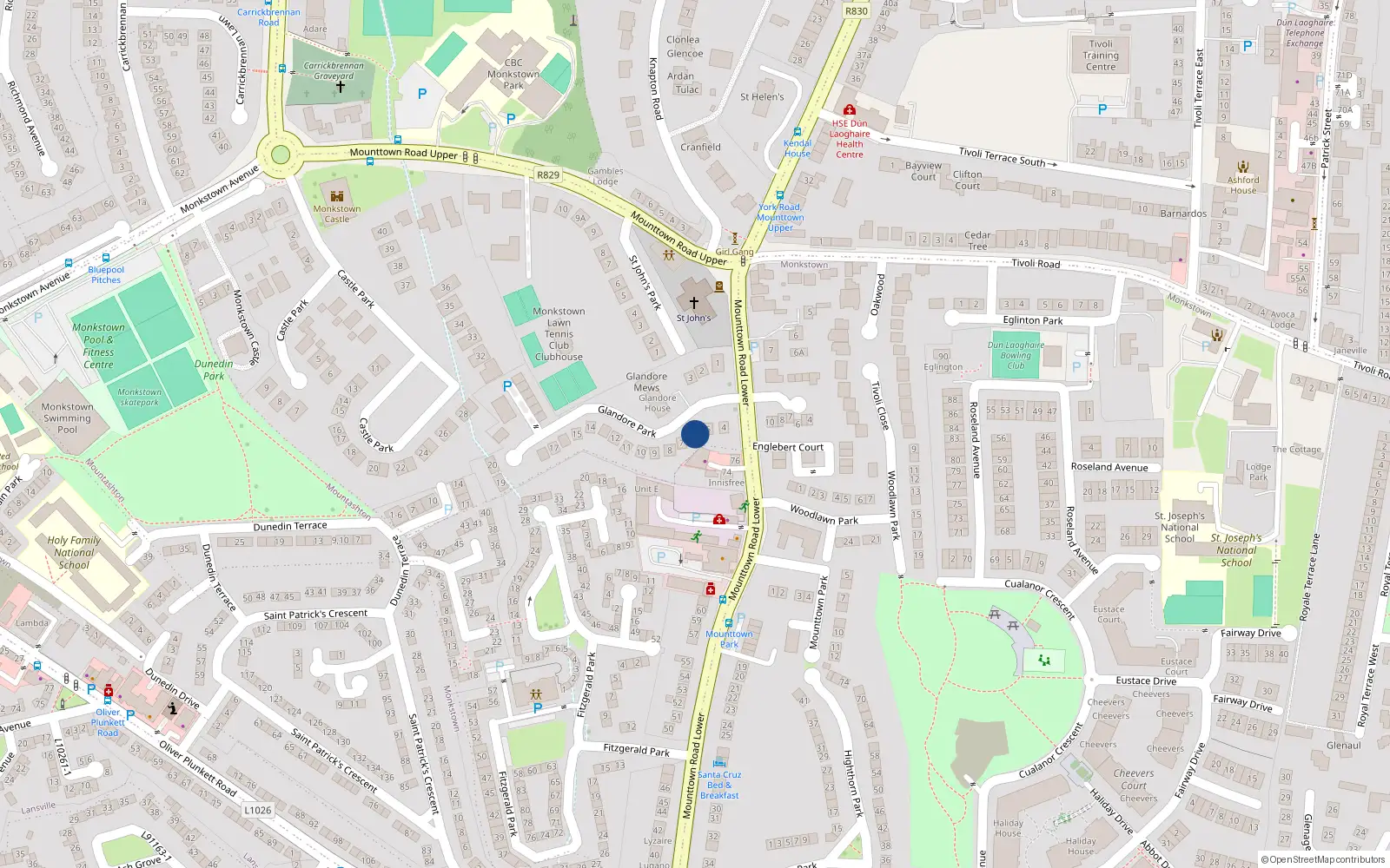 Overhead map showing the location of 6 Glandore Park, Dún Laoghaire