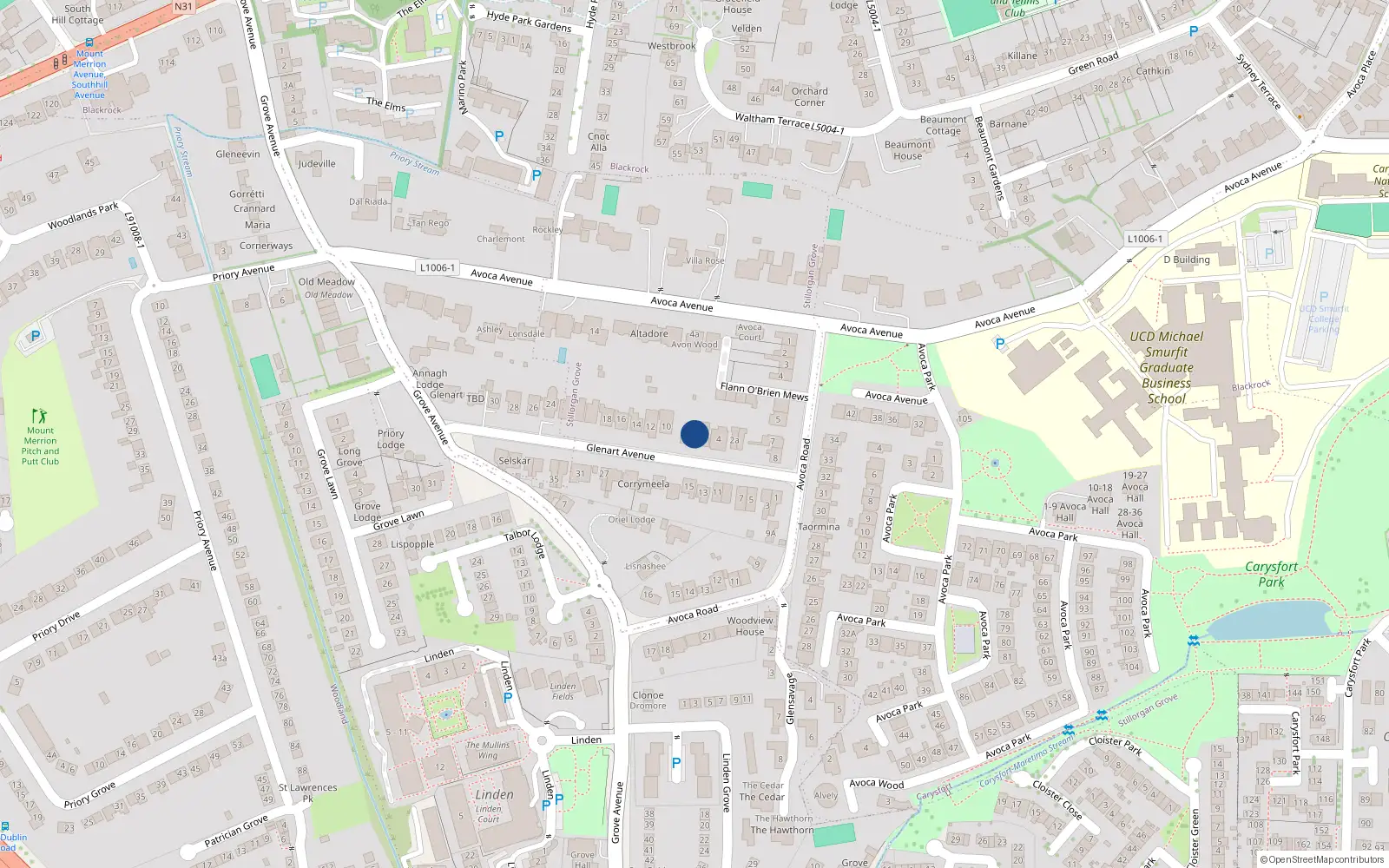 Overhead map showing the location of 6 Glenart Avenue, Blackrock