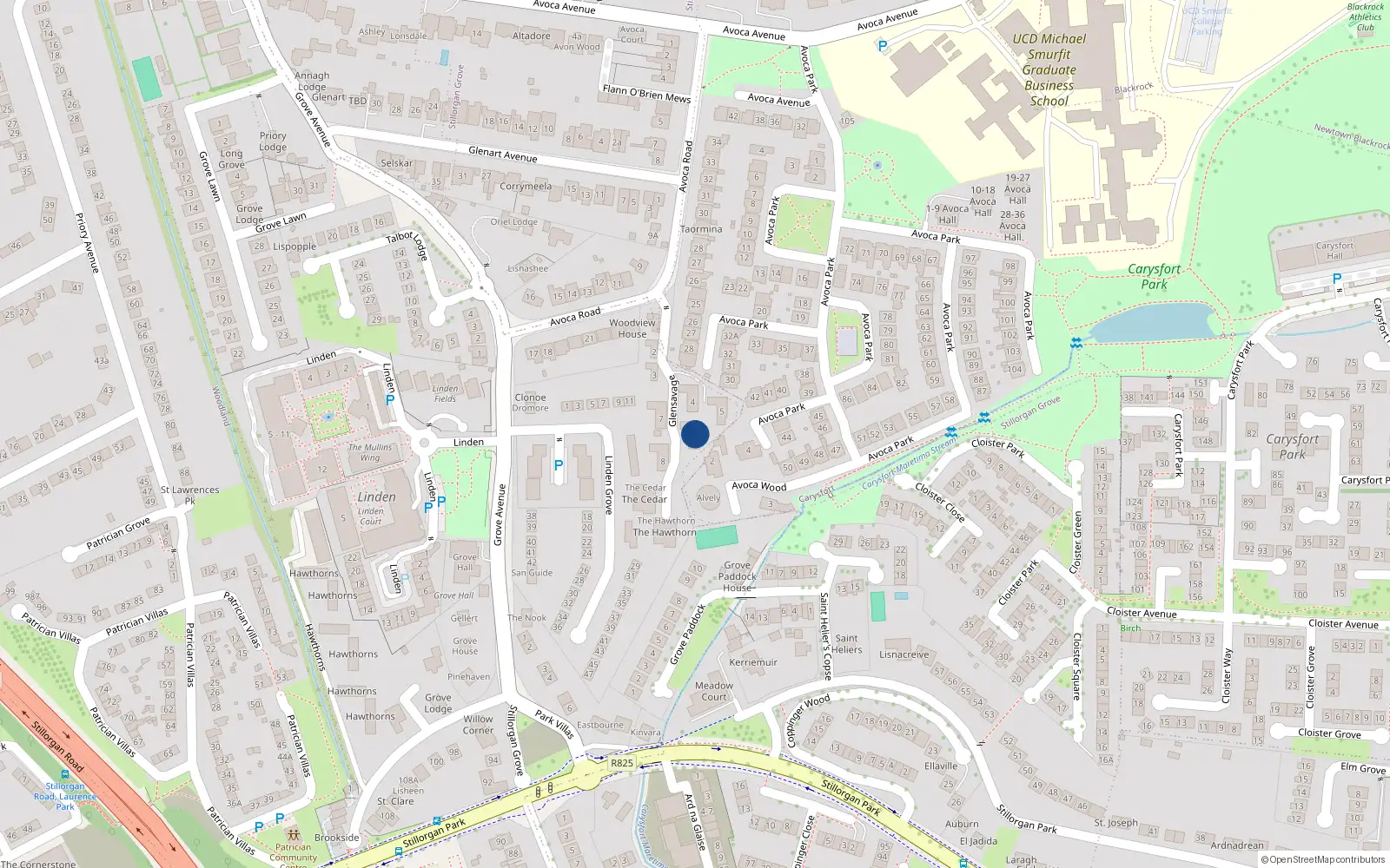 Overhead map showing the location of 6 Glensavage, Avoca Road, Blackrock