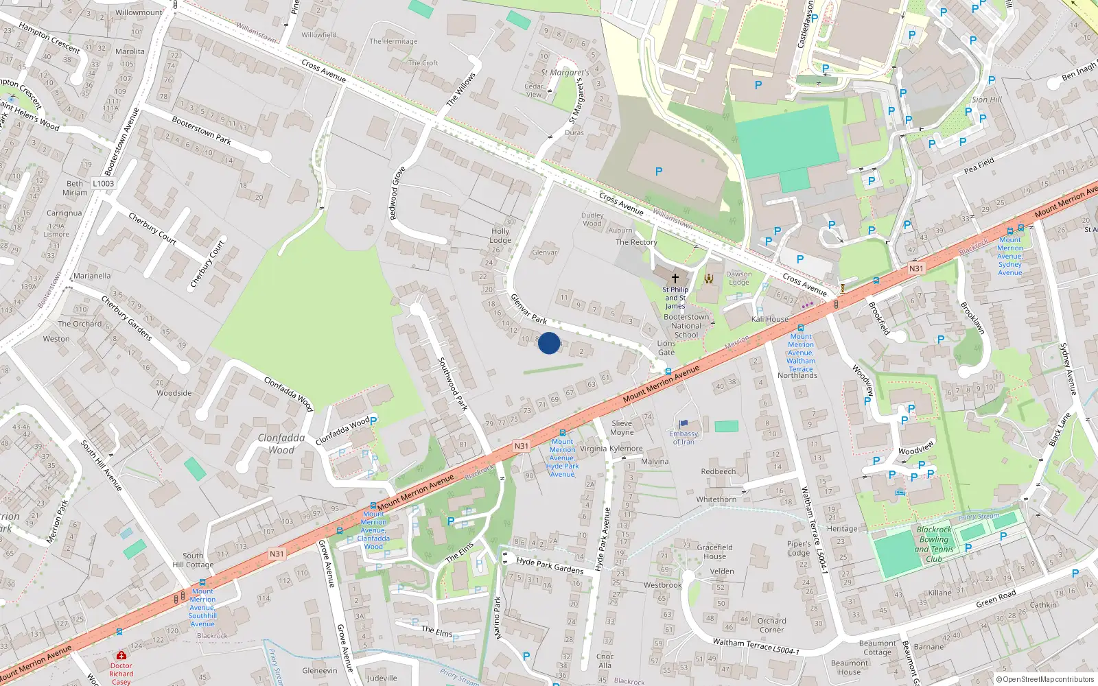 Overhead map showing the location of 6 Glenvar Park, Blackrock