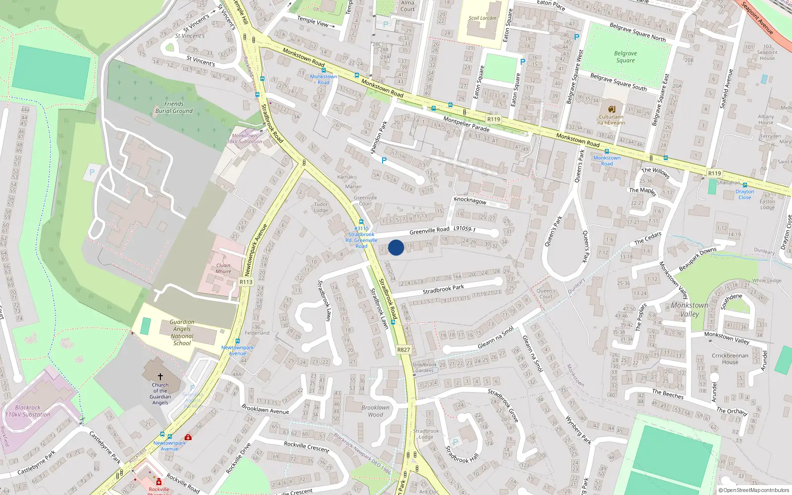 Overhead map showing the location of 6 Greenville Road, Monkstown