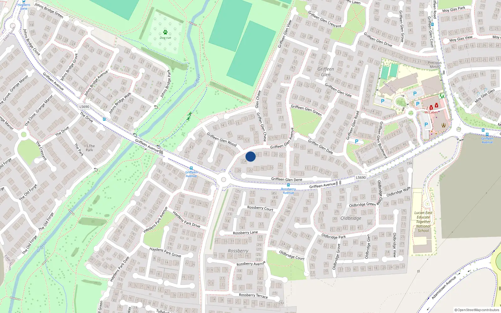 Overhead map showing the location of 6 Griffeen Glen Avenue, Lucan, Dublin