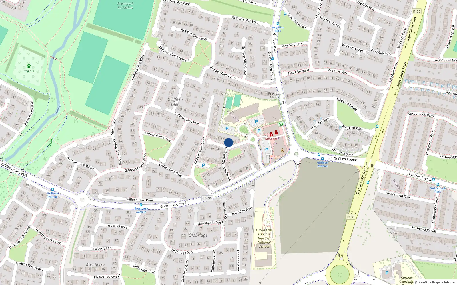 Overhead map showing the location of 6 Griffeen Glen Boulevard, Lucan
