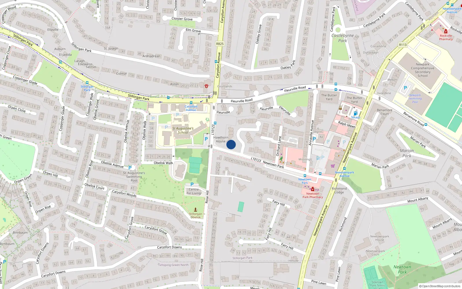 Overhead map showing the location of 6 Hawthorn Manor, Blackrock, Dublin