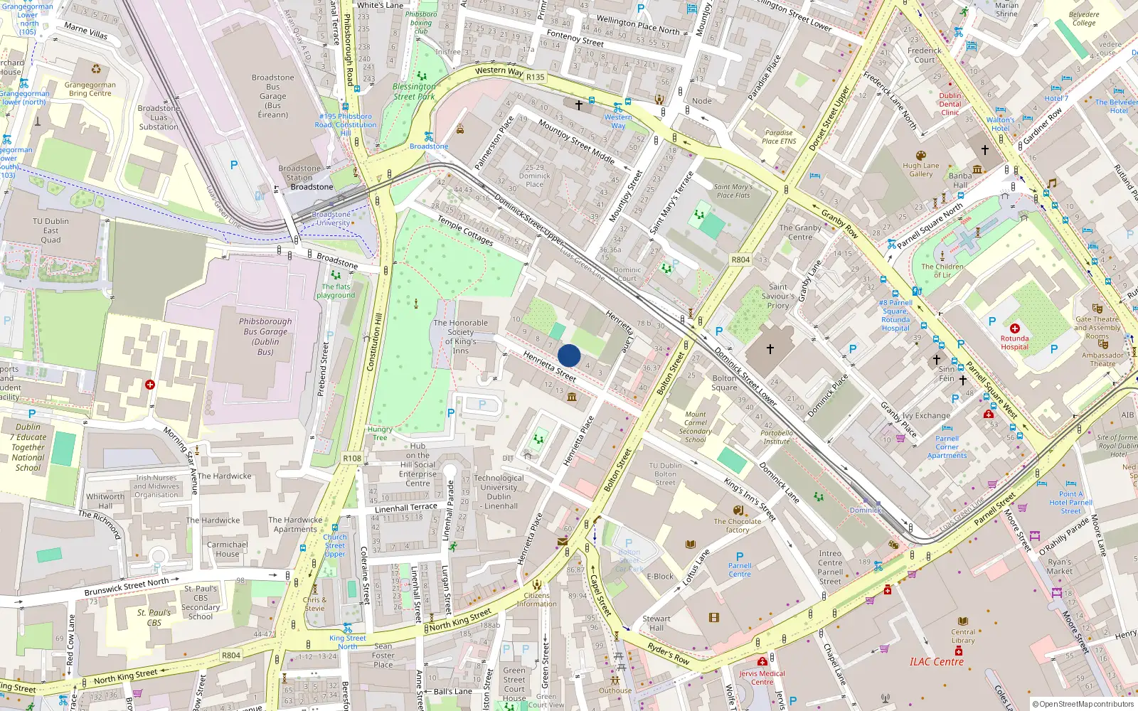 Overhead map showing the location of 6 Henrietta Street, Dublin 1