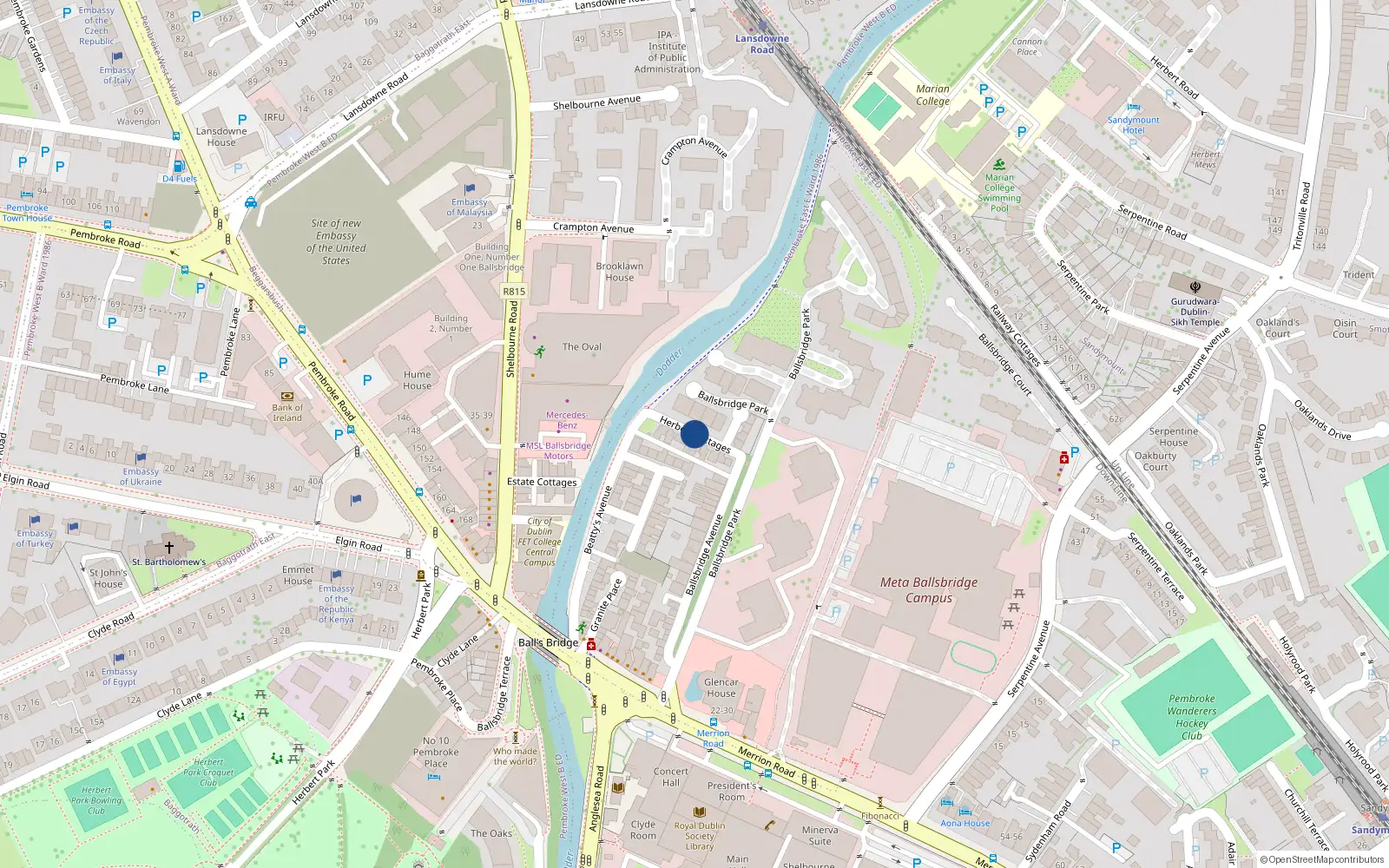 Overhead map showing the location of 6 Herbert Cottages, Ballsbridge