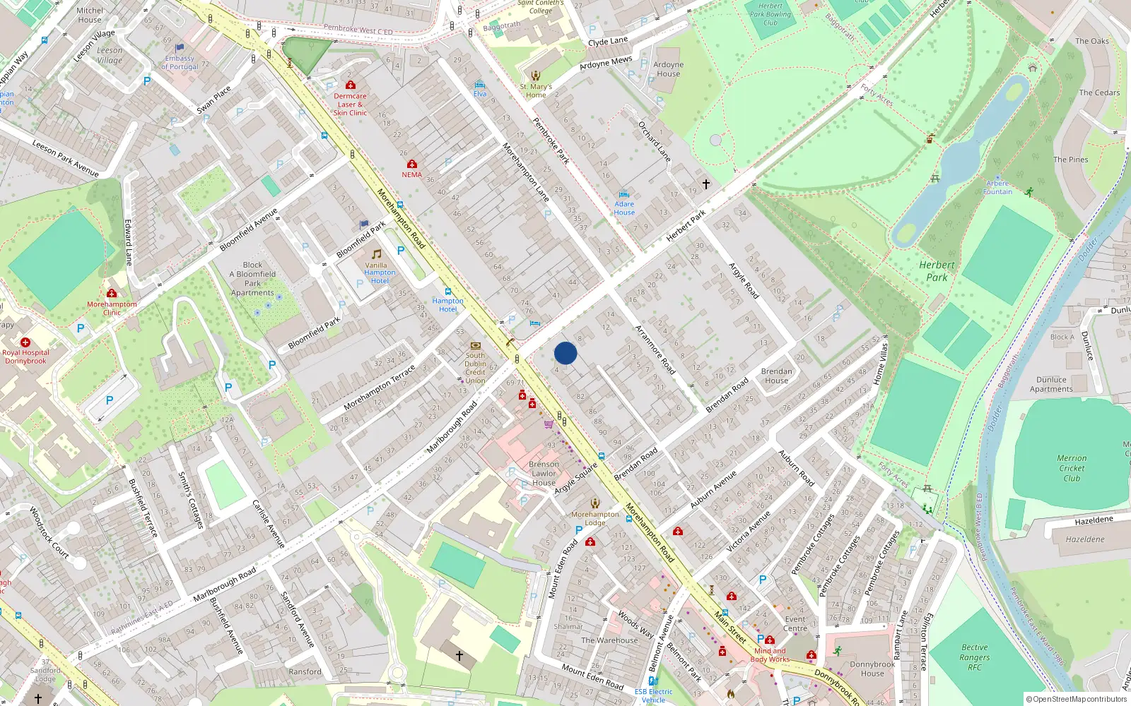 Overhead map showing the location of 6 Herbert Park, Dublin 4