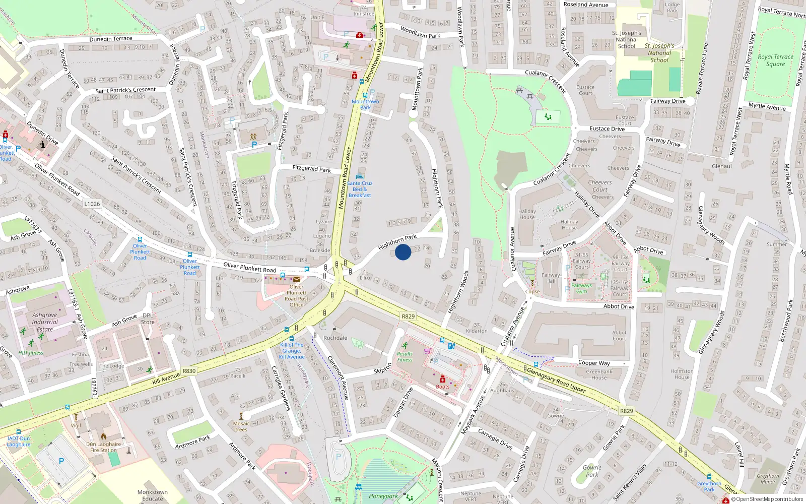 Overhead map showing the location of 6 Highthorn Park, Dun Laoghaire, Dublin