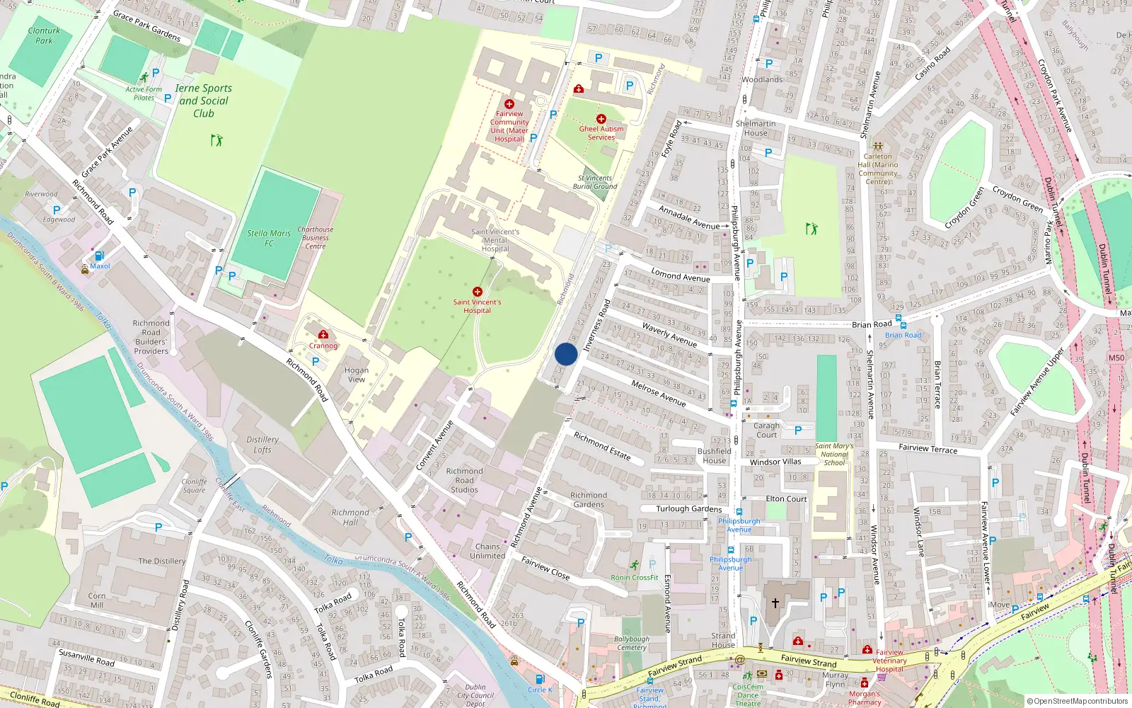 Overhead map showing the location of 6 Inverness Road, Dublin 3