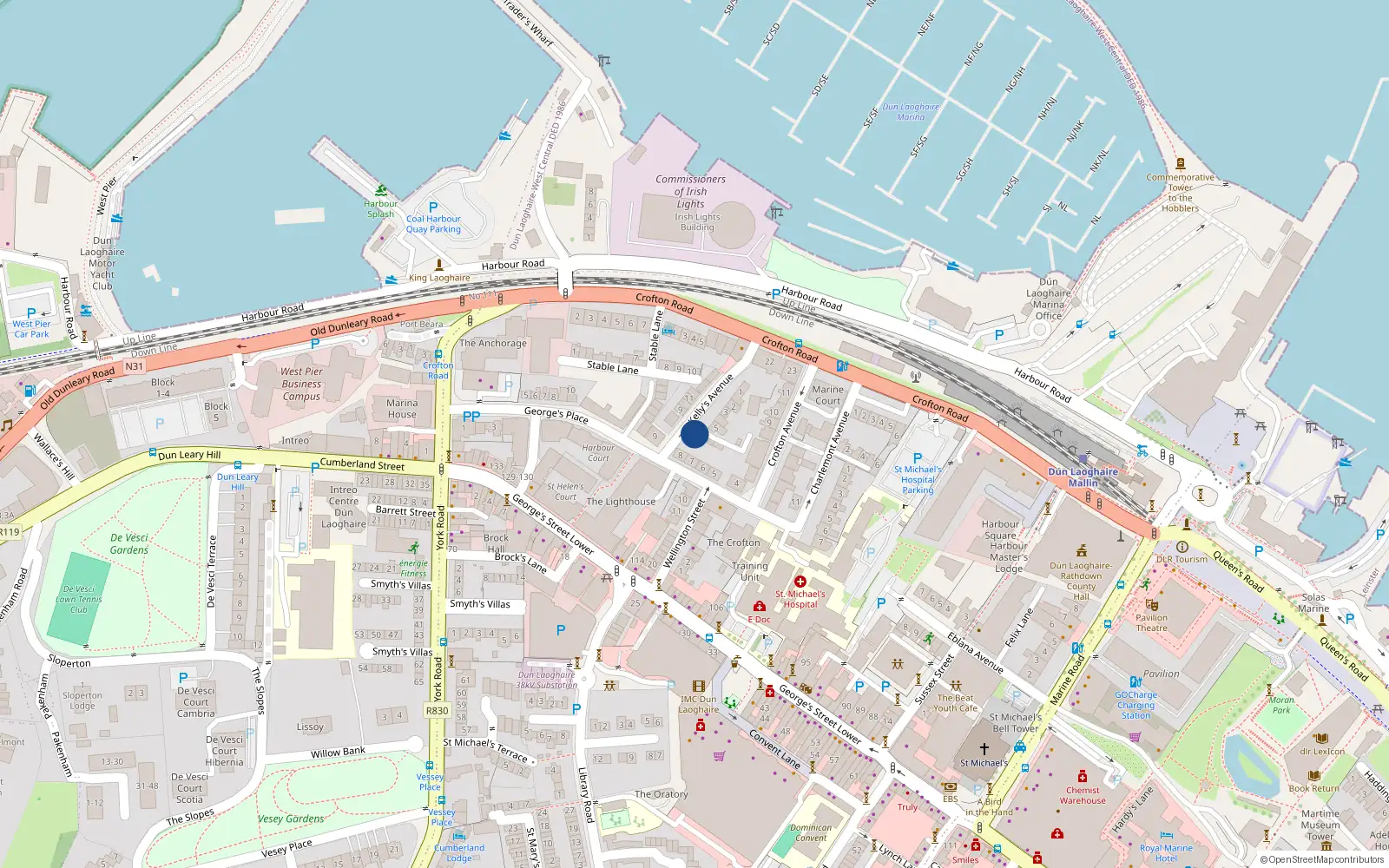 Overhead map showing the location of 6 Kellys Avenue, Dun Laoghaire, Dublin