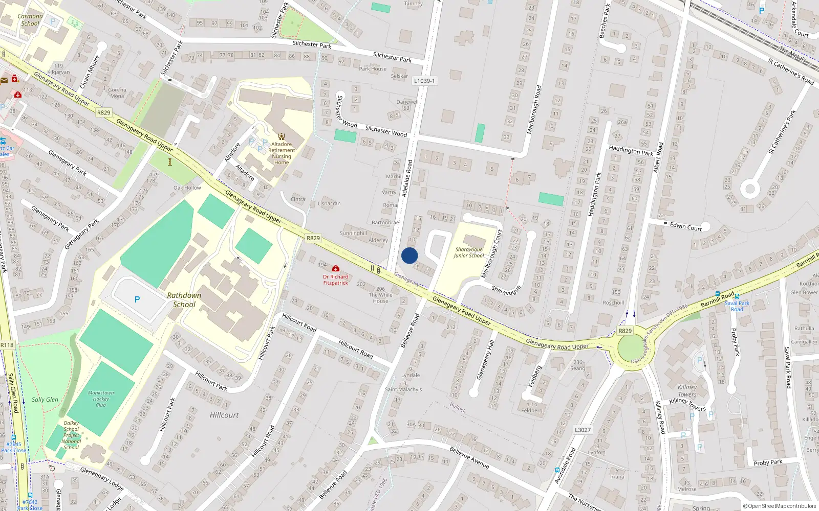 Overhead map showing the location of 6 Kilcolman Court, Glenageary