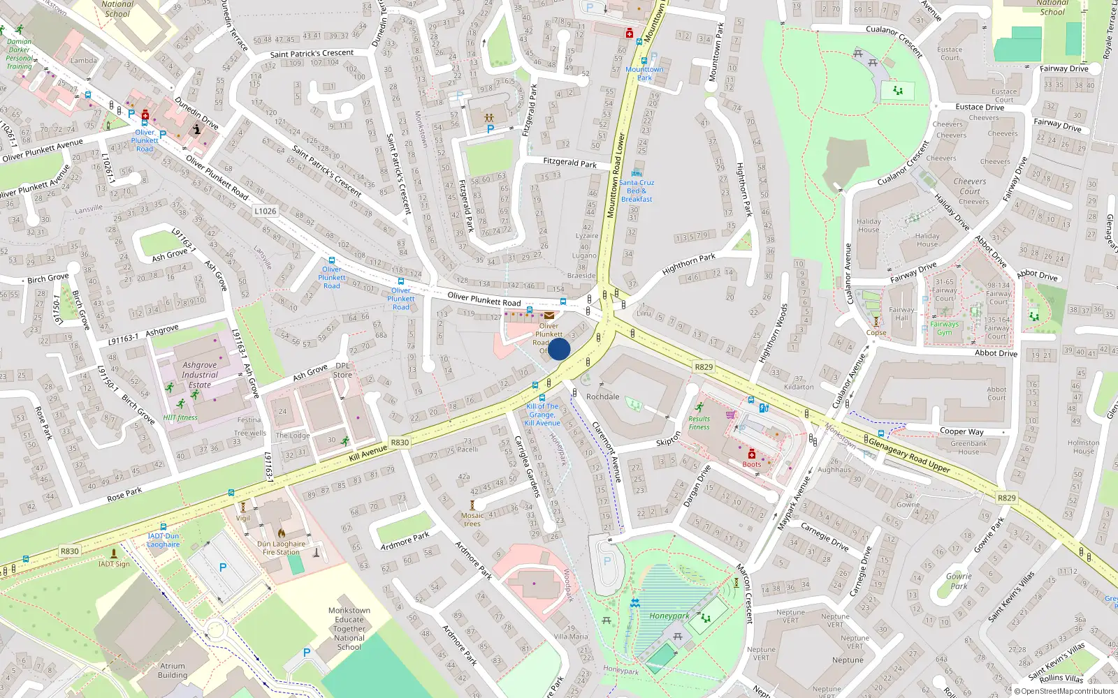 Overhead map showing the location of 6 Kill Avenue, Dun Laoghaire, Dublin