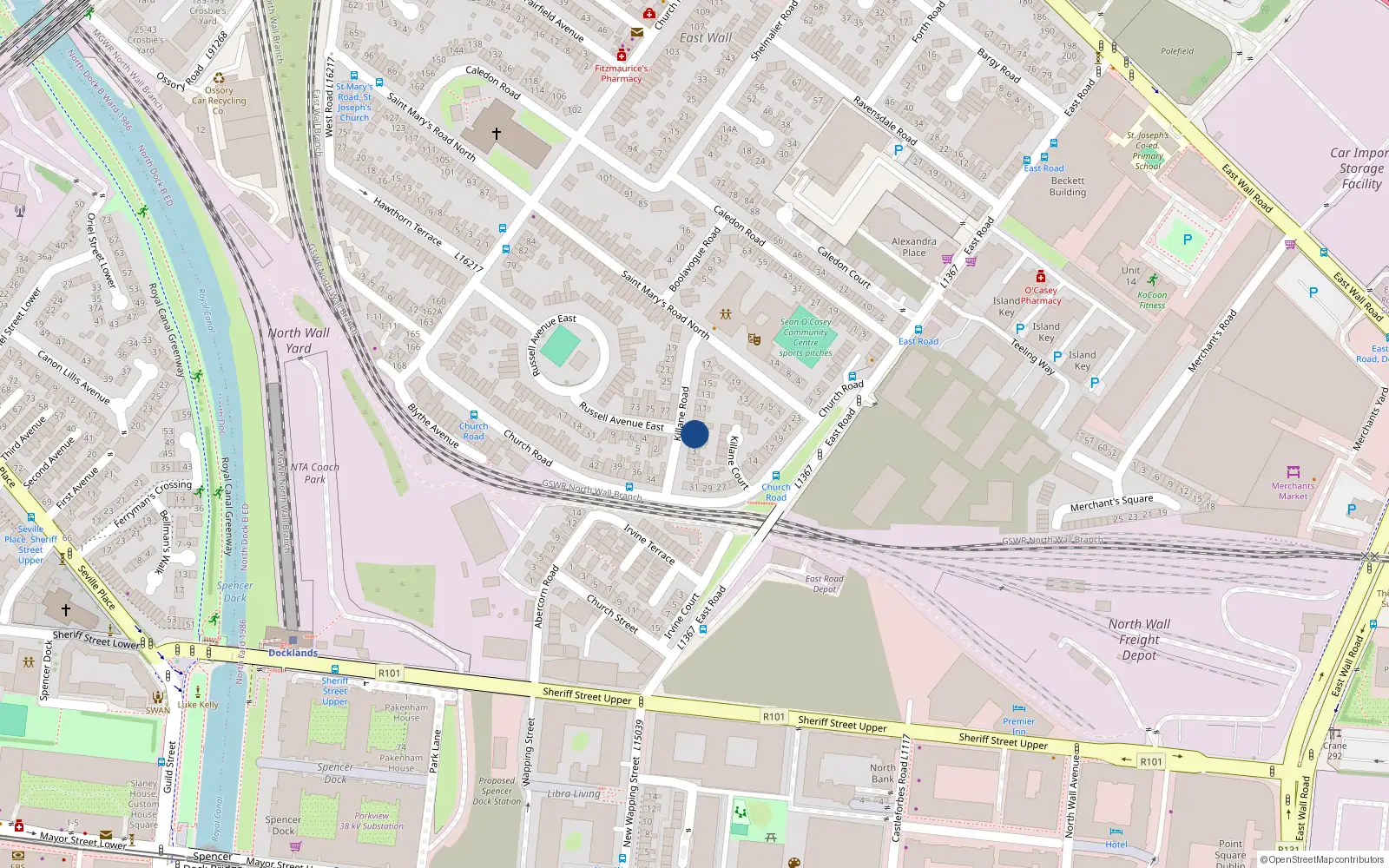 Overhead map showing the location of 6 Killane Road, East Wall, Dublin 3