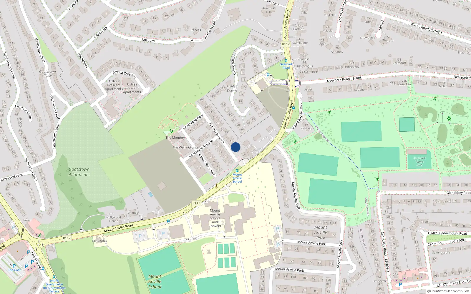 Overhead map showing the location of 6 Knockrabo Drive, Goatstown