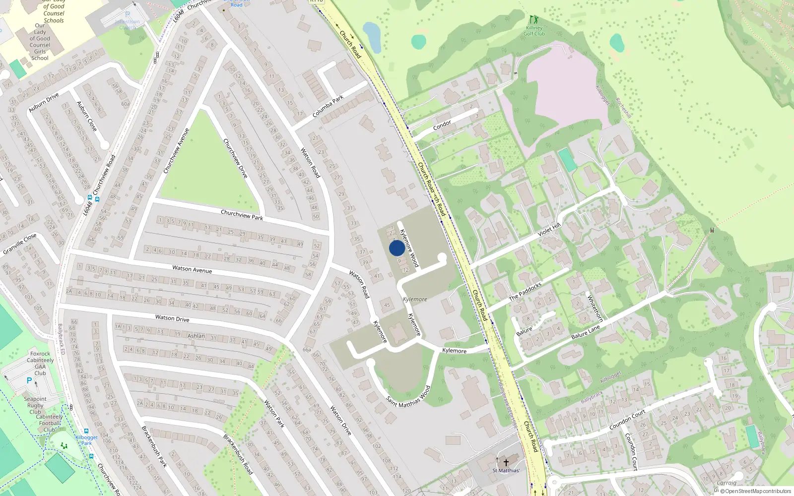Overhead map showing the location of 6 Kylemore Wood, Killiney