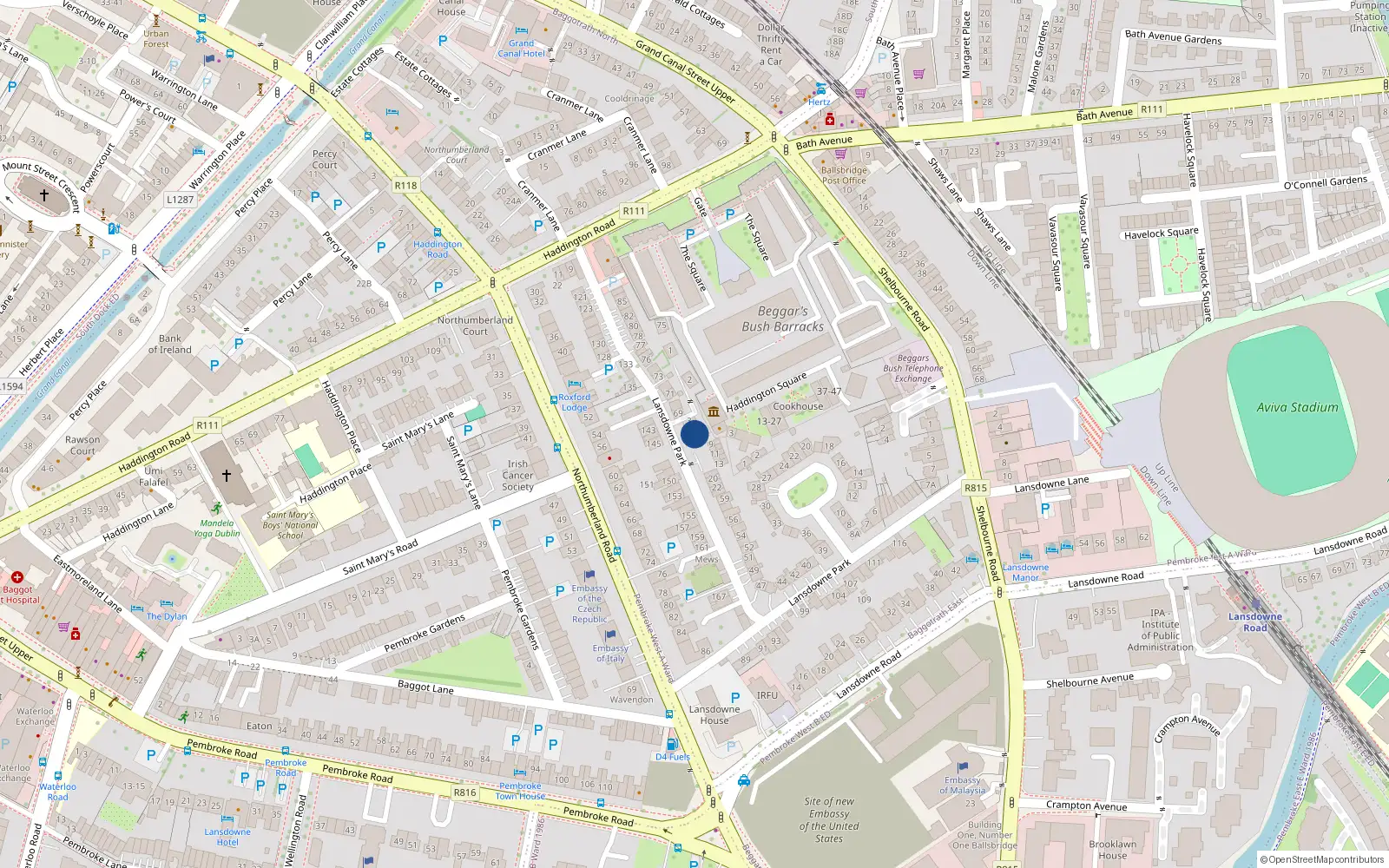 Overhead map showing the location of 6 Lansdowne Crescent, Dublin 4