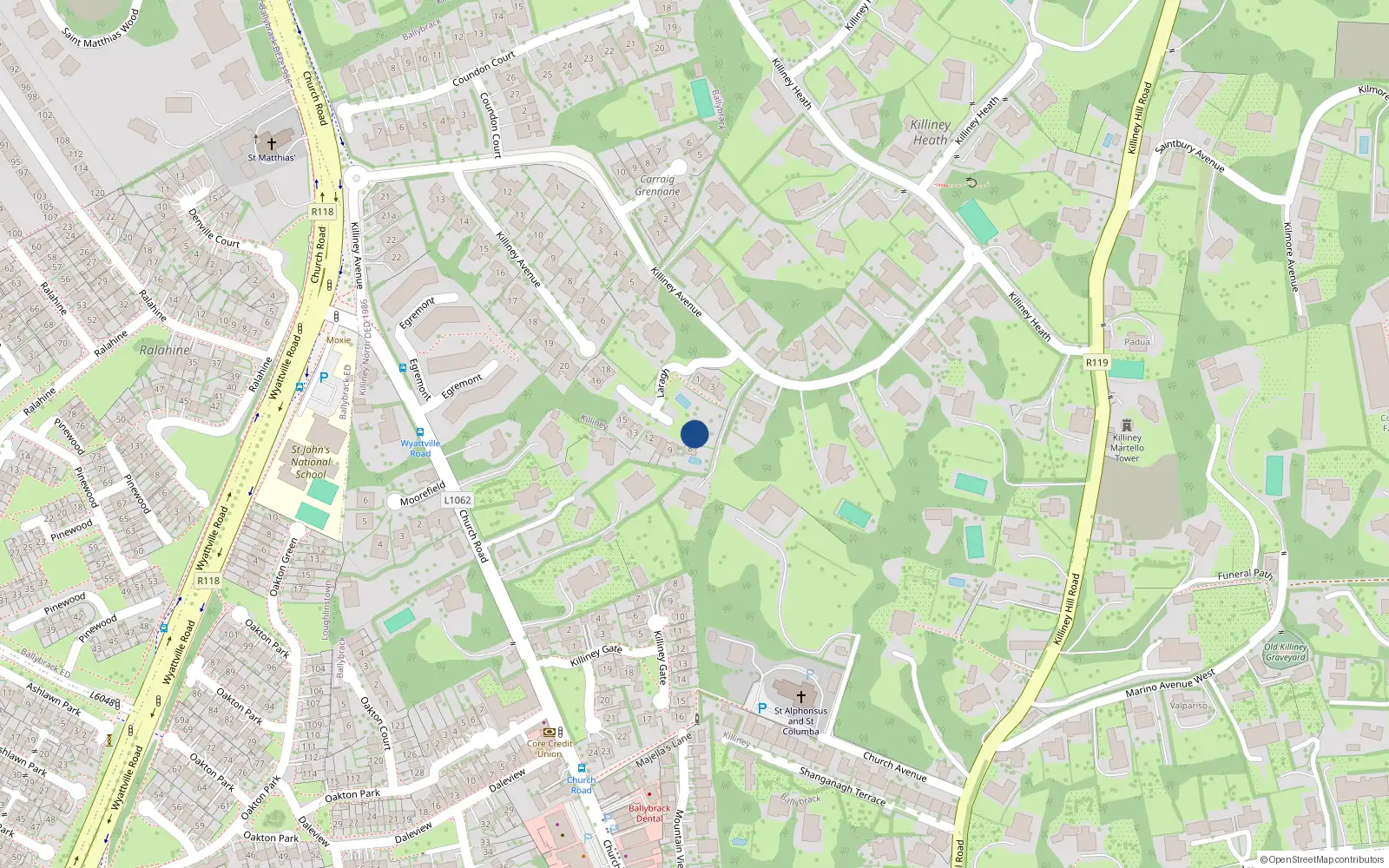 Overhead map showing the location of 6 Laragh, Killiney Avenue, Killiney