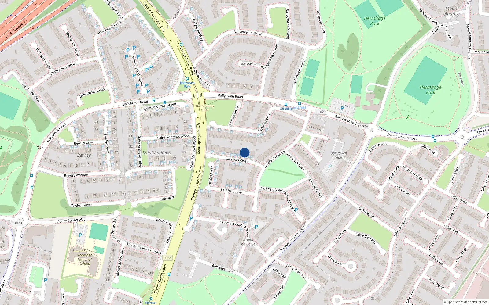 Overhead map showing the location of 6 Larkfield Close, Lucan, Co Dublin