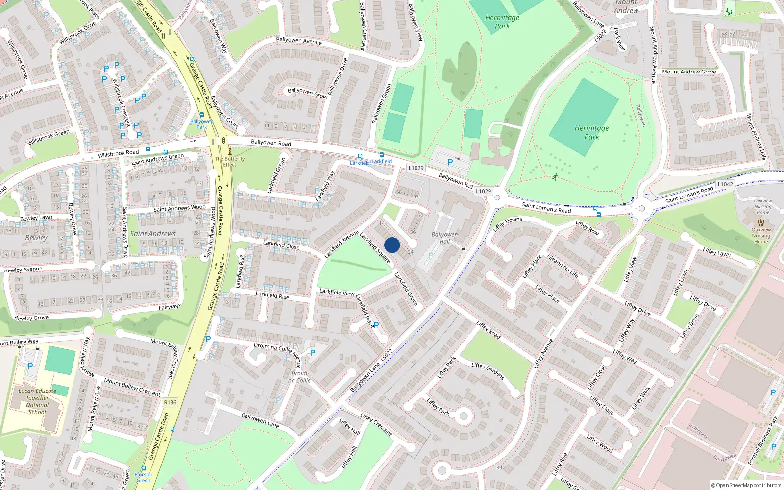Overhead map showing the location of 6 Larkfield Square, Larkfield, Lucan