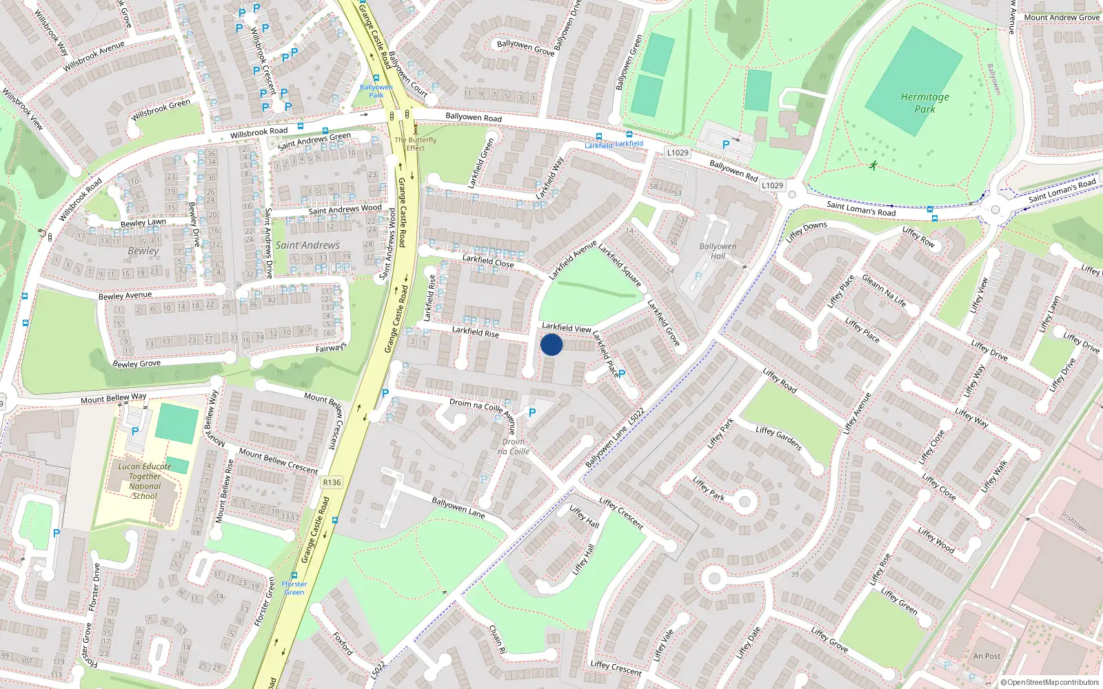 Overhead map showing the location of 6 Larkfield View, Lucan, Dublin