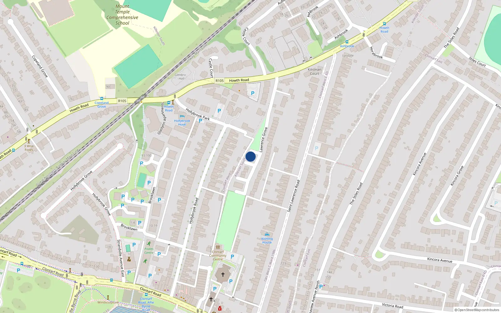 Overhead map showing the location of 6 Lawrence Grove, Howth Road, Clontarf Dublin 3