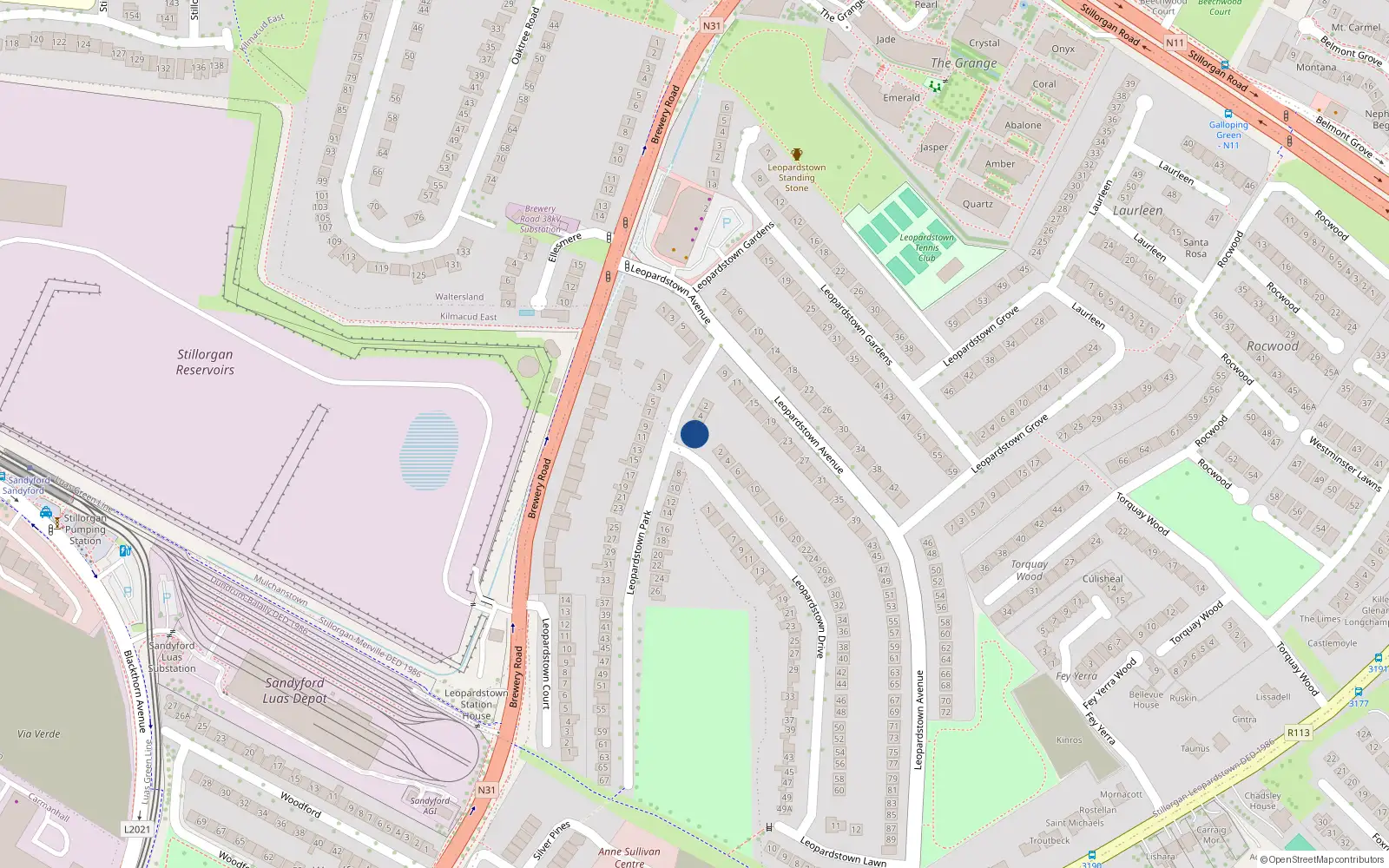 Overhead map showing the location of 6 Leopardstown Park, County Dublin