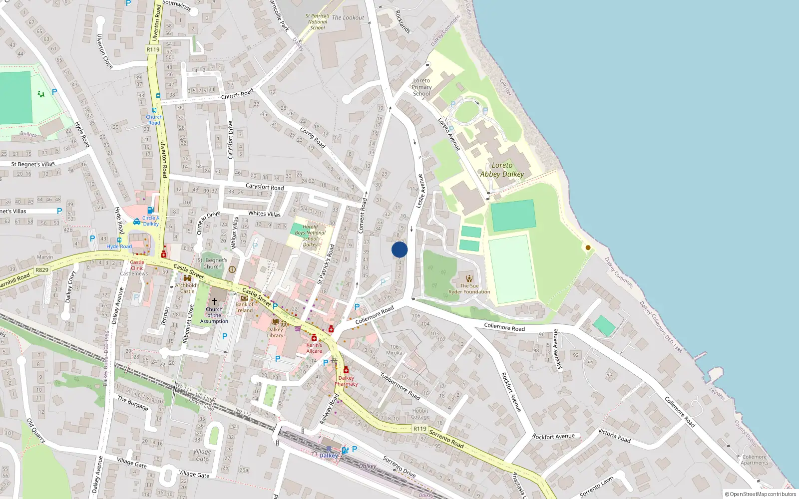 Overhead map showing the location of 6 Leslie Avenue, Dalkey