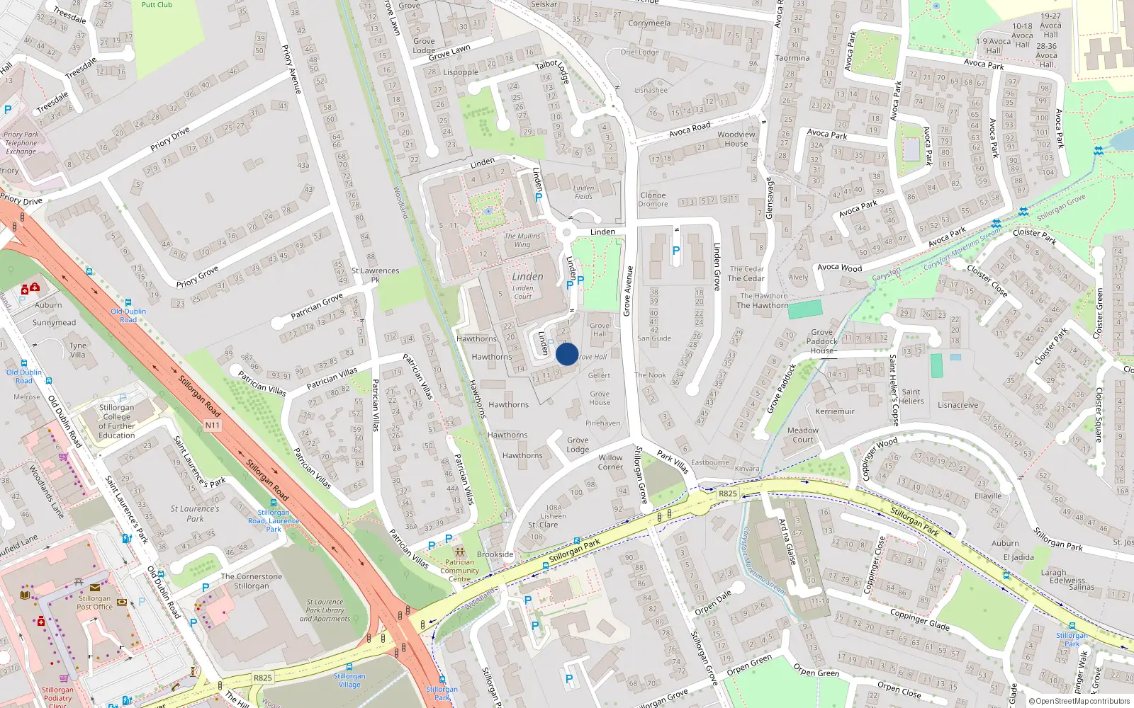 Overhead map showing the location of 6 Linden Place, Grove Avenue, Blackrock