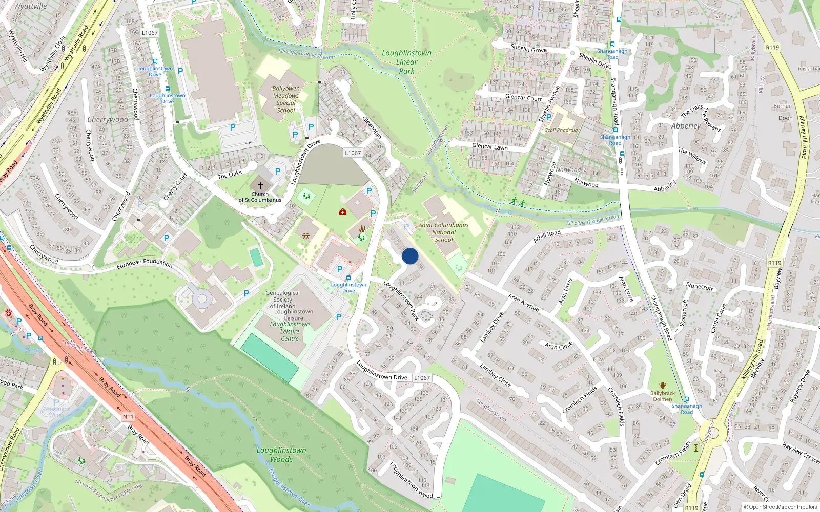 Overhead map showing the location of 6 Loughlinstown Park, Loughlinstown, Dublin