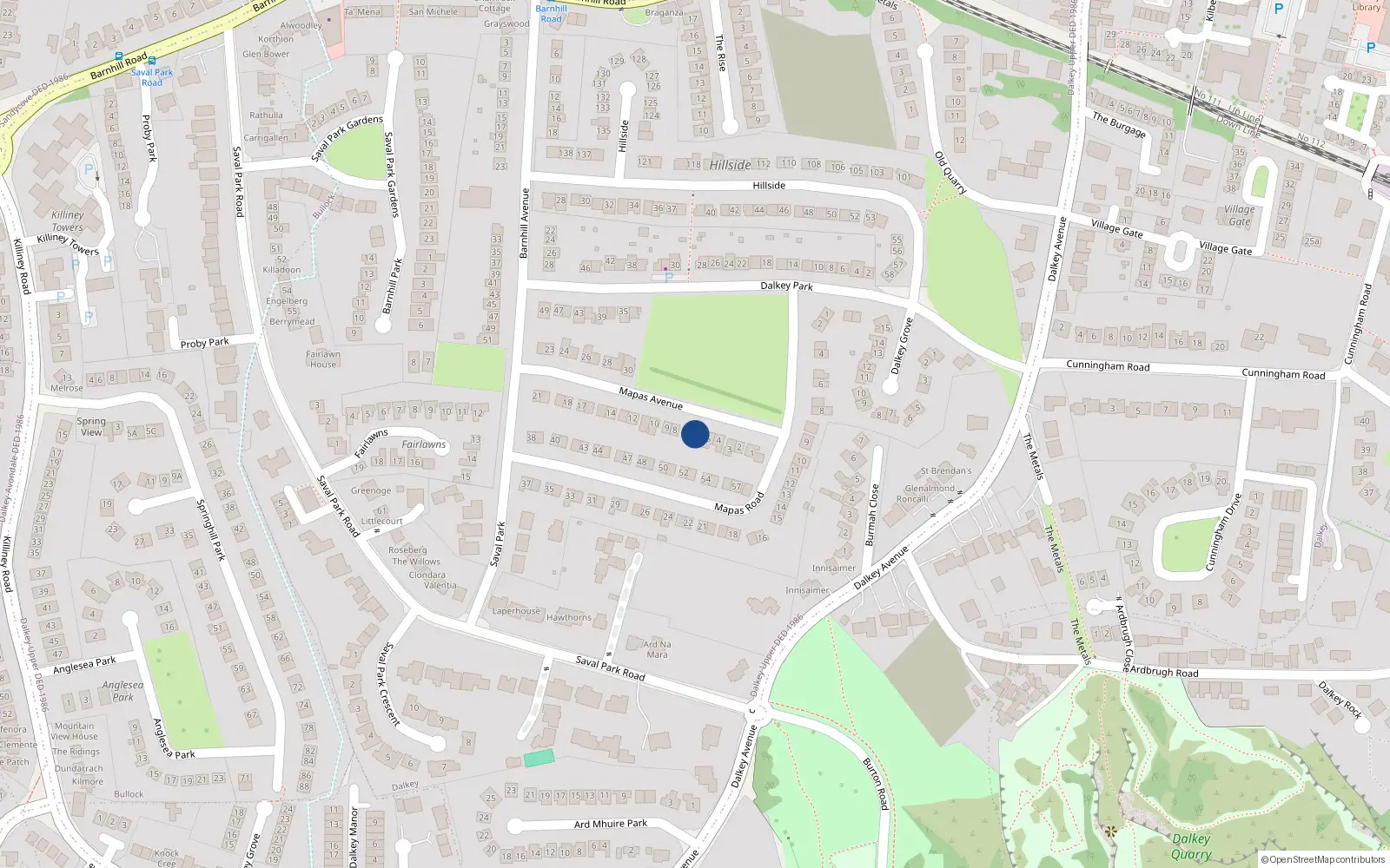 Overhead map showing the location of 6 Mapas Avenue, Dalkey