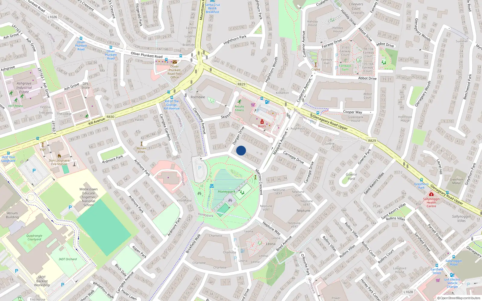 Overhead map showing the location of 6 Marconi Crescent, Dun Laoghaire