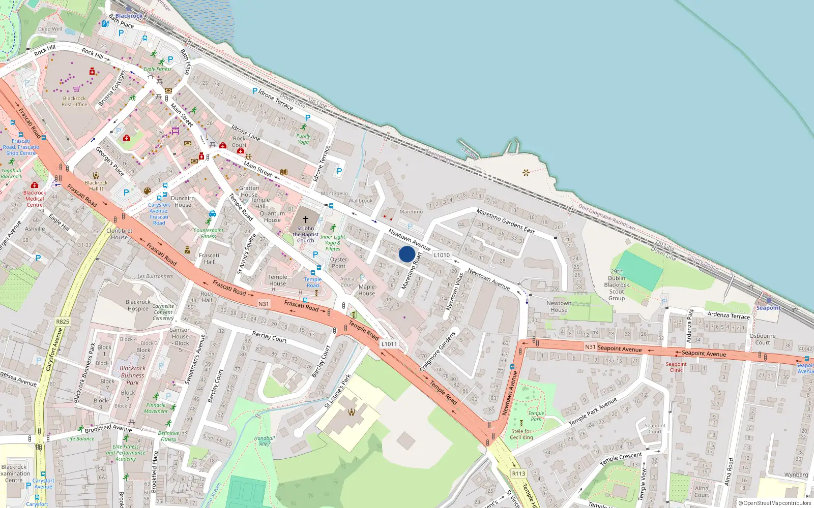 Overhead map showing the location of 6 Maretimo Villas, Newtown Avenue, Blackrock