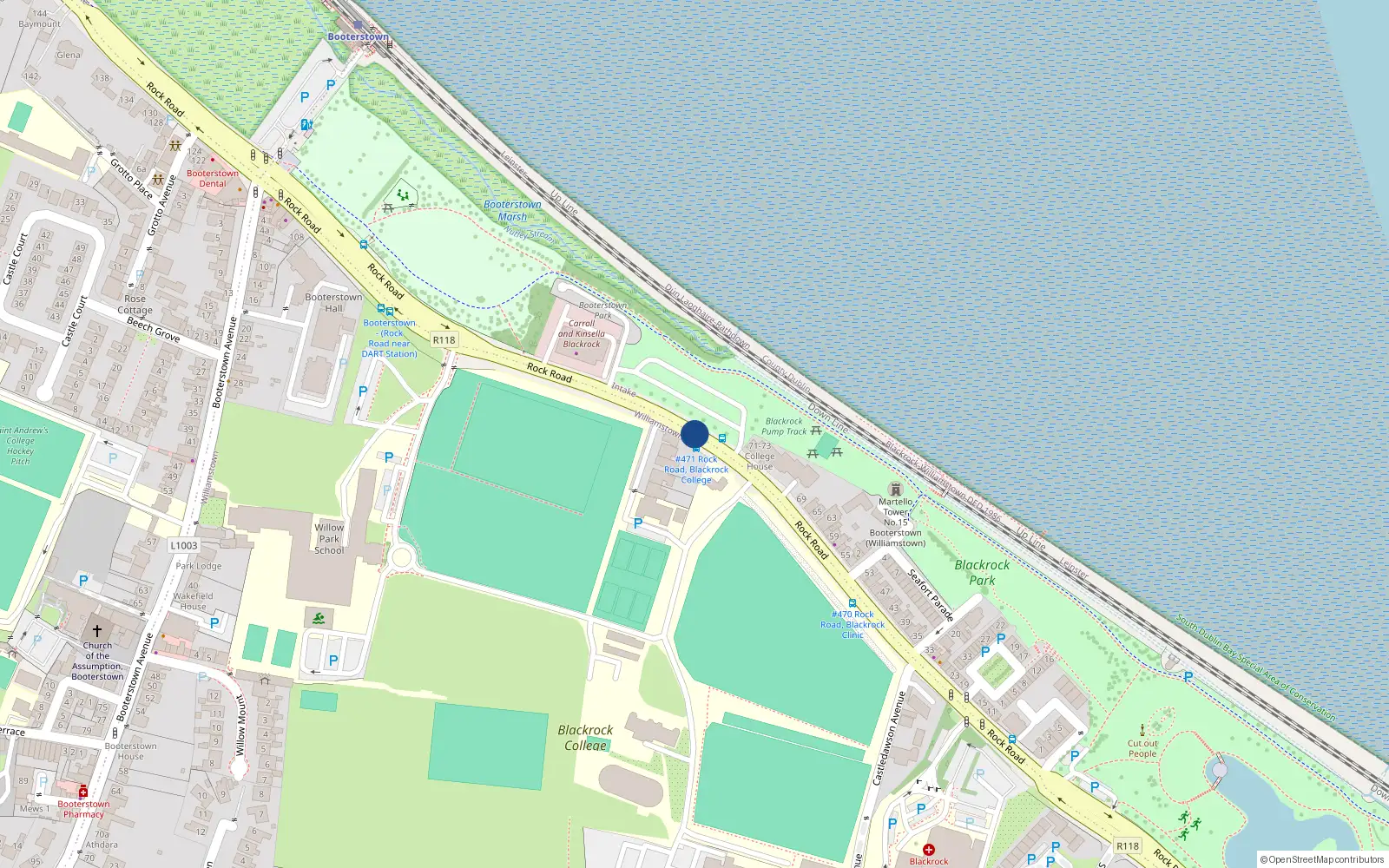 Overhead map showing the location of 6 Marine View, Rock Road, Blackrock