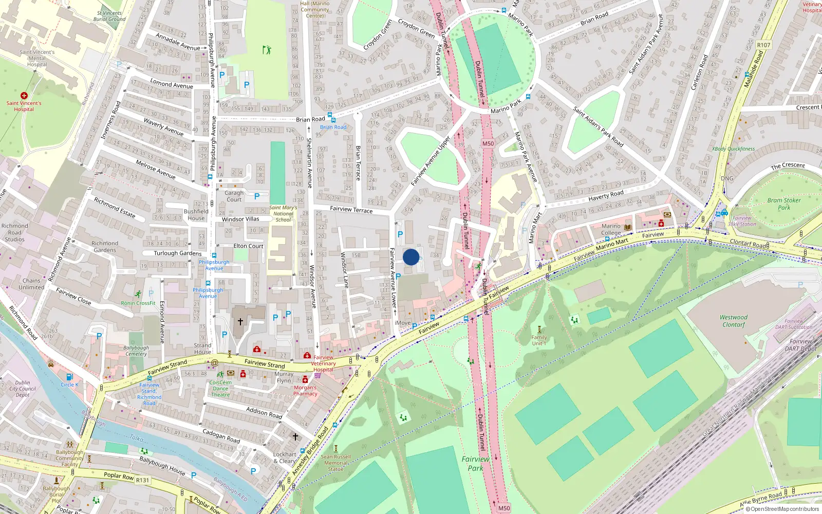 Overhead map showing the location of 6 Marino Court, Fairview Avenue Lower, Dublin 3