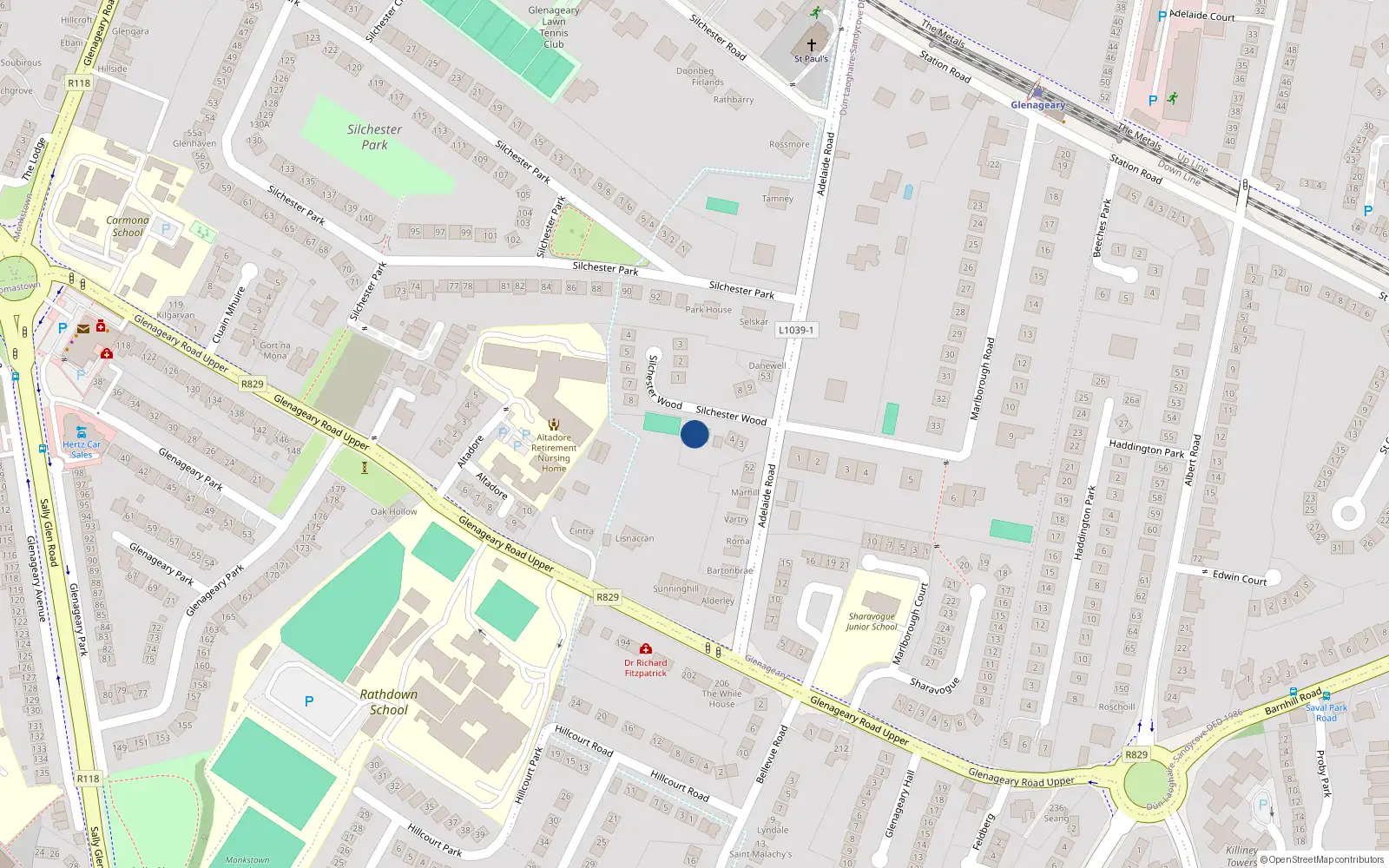 Overhead map showing the location of 6 Marlborough Park, Glenageary, Co Dublin