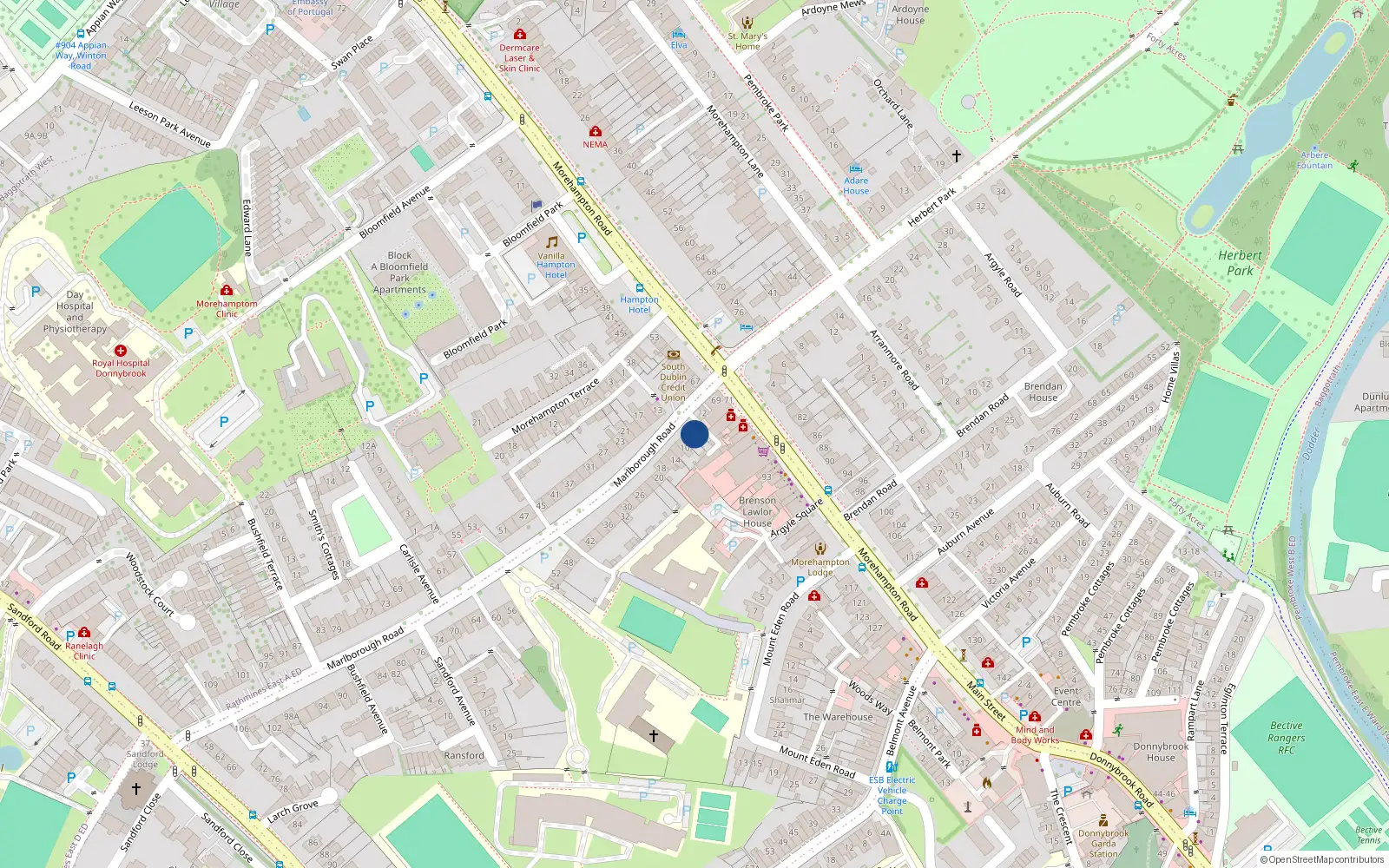 Overhead map showing the location of 6 Marlborough Road, Donnybrook