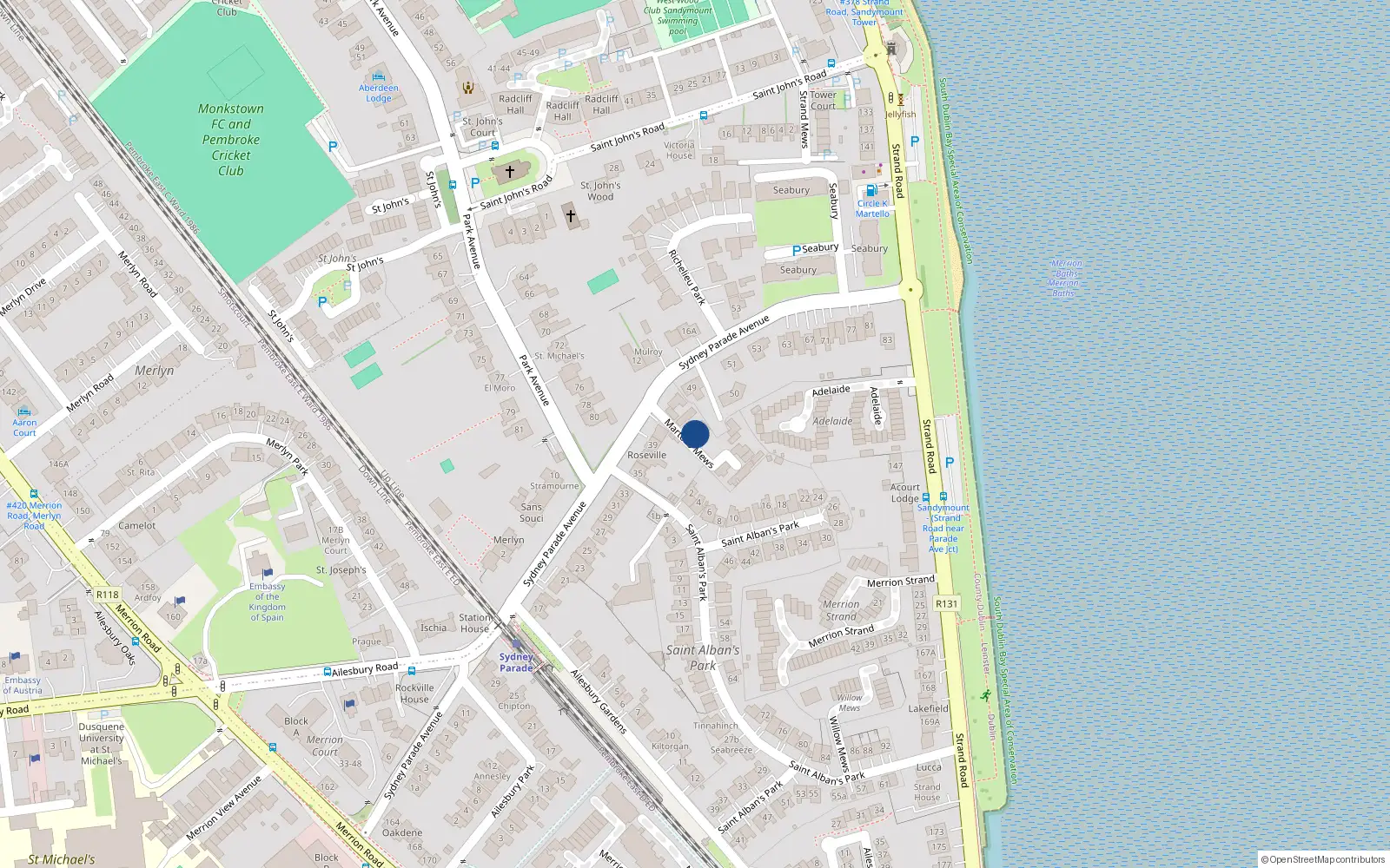 Overhead map showing the location of 6 Martello Mews, Sydney Parade Avenue, Sandymount Dublin 4