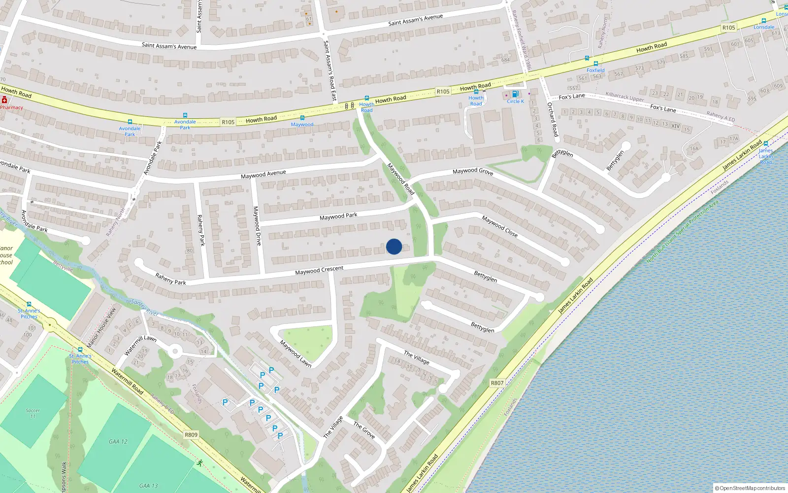 Overhead map showing the location of 6 Maywood Crescent, Dublin 5
