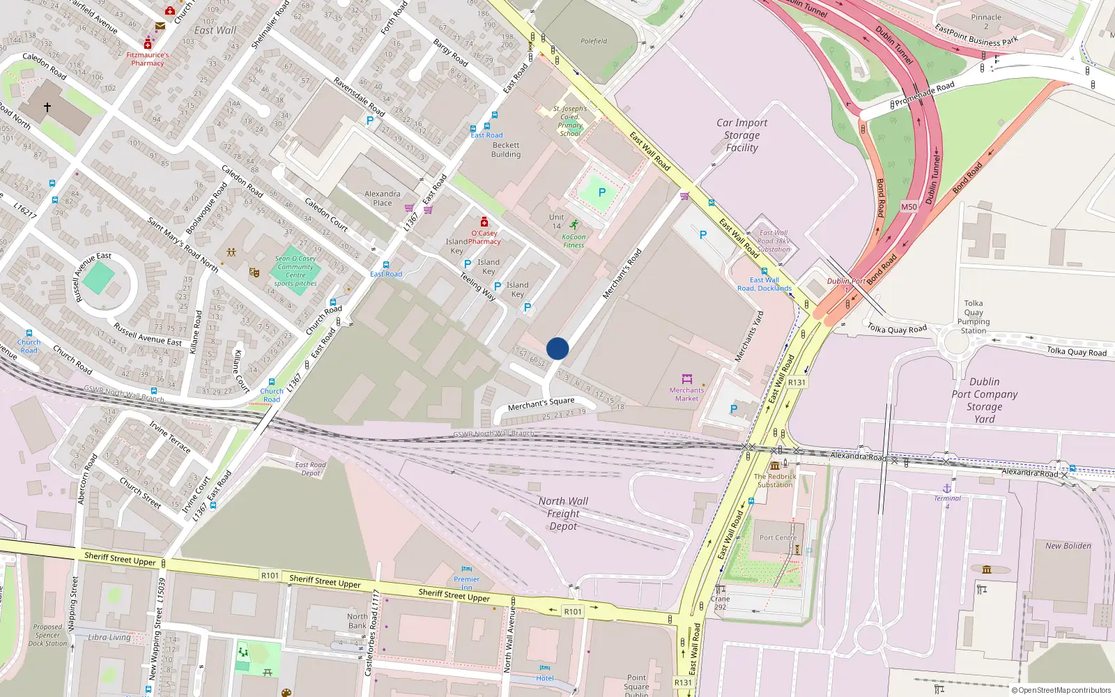Overhead map showing the location of 6 Merchants Road, East Wall, Dublin 3