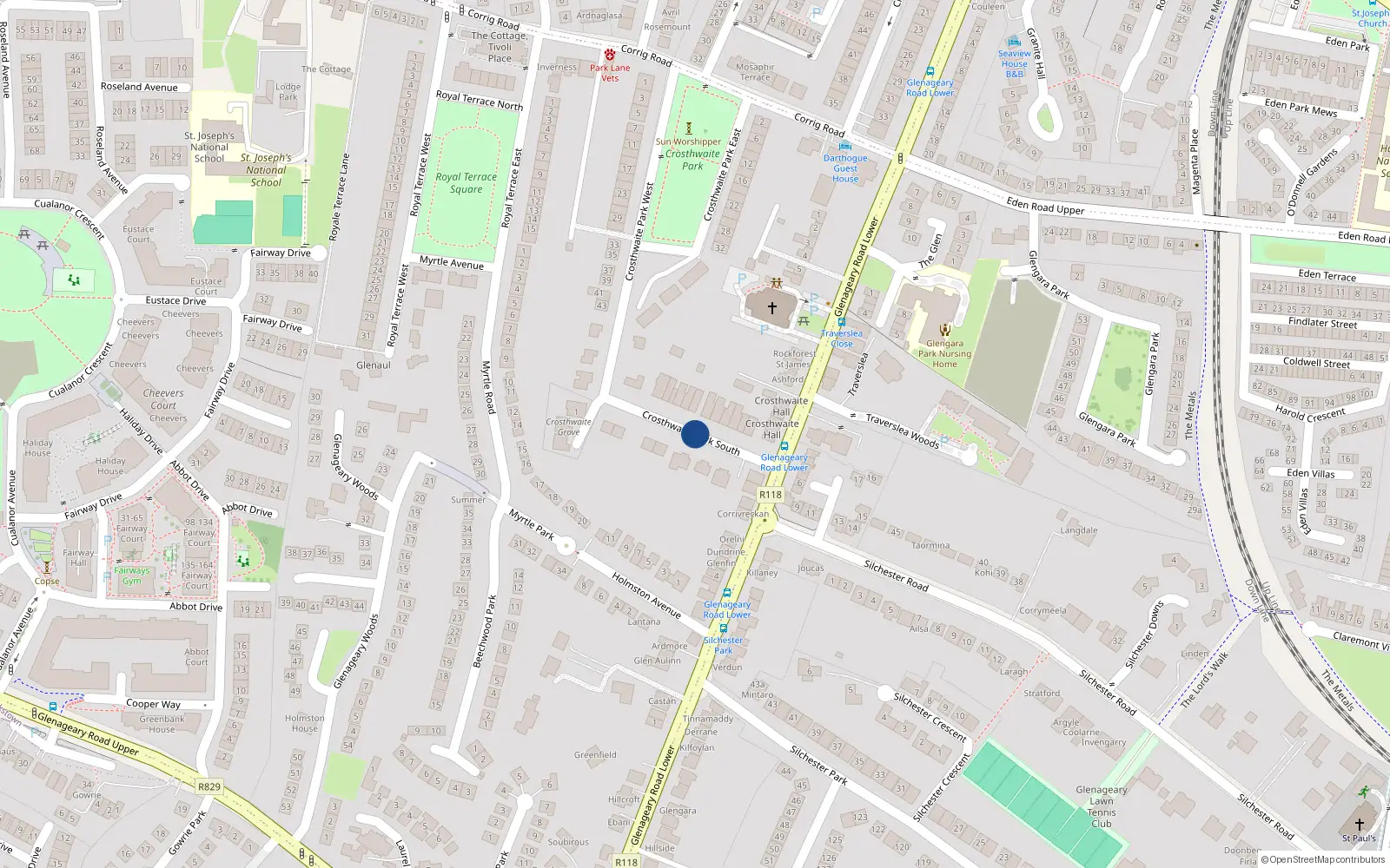 Overhead map showing the location of 6 Mervyn Court, Crosthwaite Park South, Dun Laoghaire