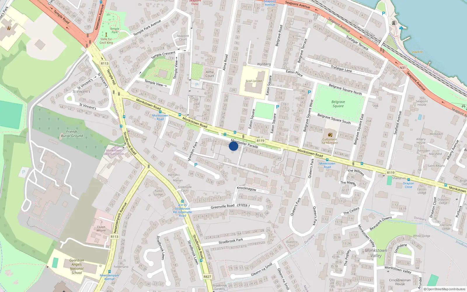 Overhead map showing the location of 6 Montpelier Parade, Monkstown