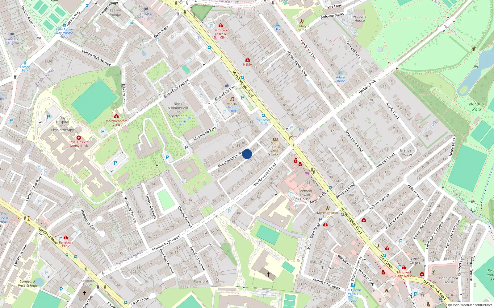 Overhead map showing the location of 6 Morehampton Terrace, Donnybrook